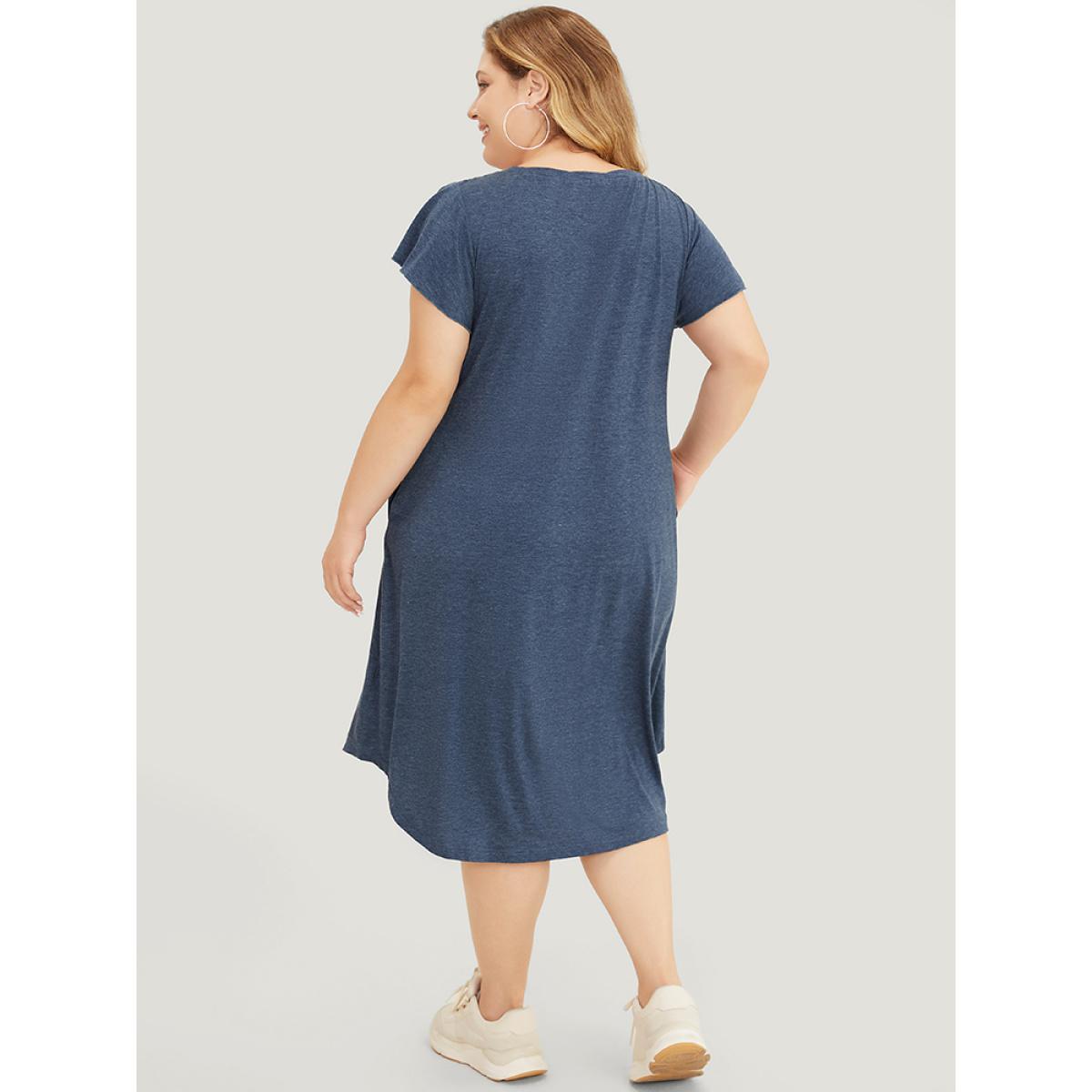 Plus Size Plain Pleated Ruffle Sleeve Pocket Button Up Curved Hem Dress Stone Women Casual Arc Hem Round Neck Cap Sleeve Curvy Midi Dress BloomChic 22-24/3X Product Image