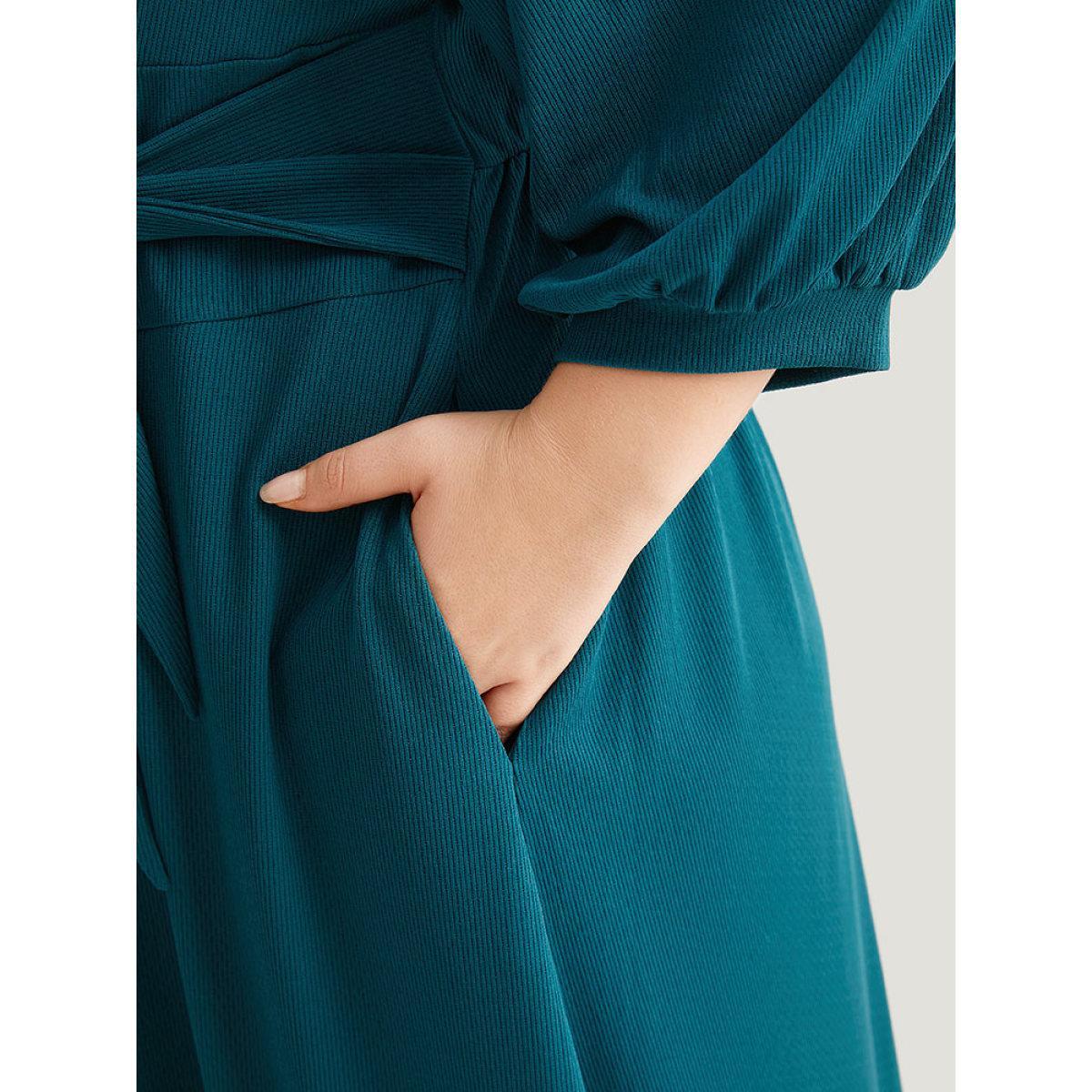 Plus Size Rib Knit Bowknot Ties Button Detail Gathered Dress Aegean Women Casual Plain V-neck Elbow-length sleeve Curvy Midi Dress BloomChic 14-16/1X Product Image