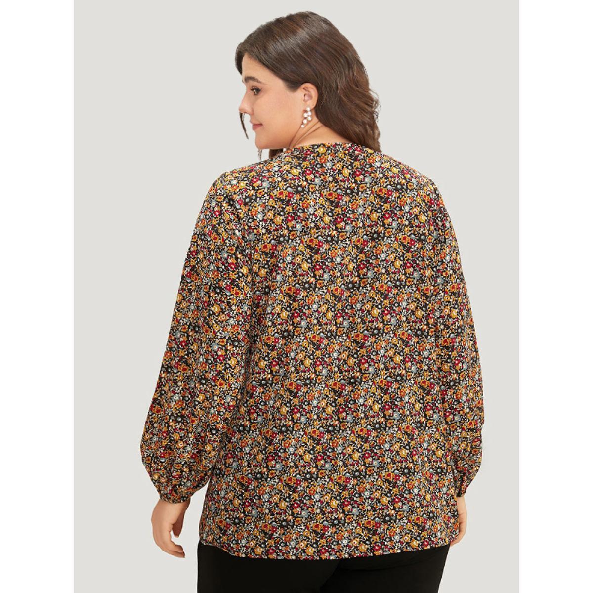 Plus Size Multicolor Ditsy Floral Notched Frill Trim Blouse Women Elegant Long Sleeve Notched collar Dailywear Blouses BloomChic 30/6X Product Image
