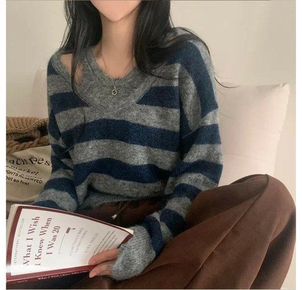 Long Sleeve V-Neck Mock Two-Piece Striped Sweater Product Image