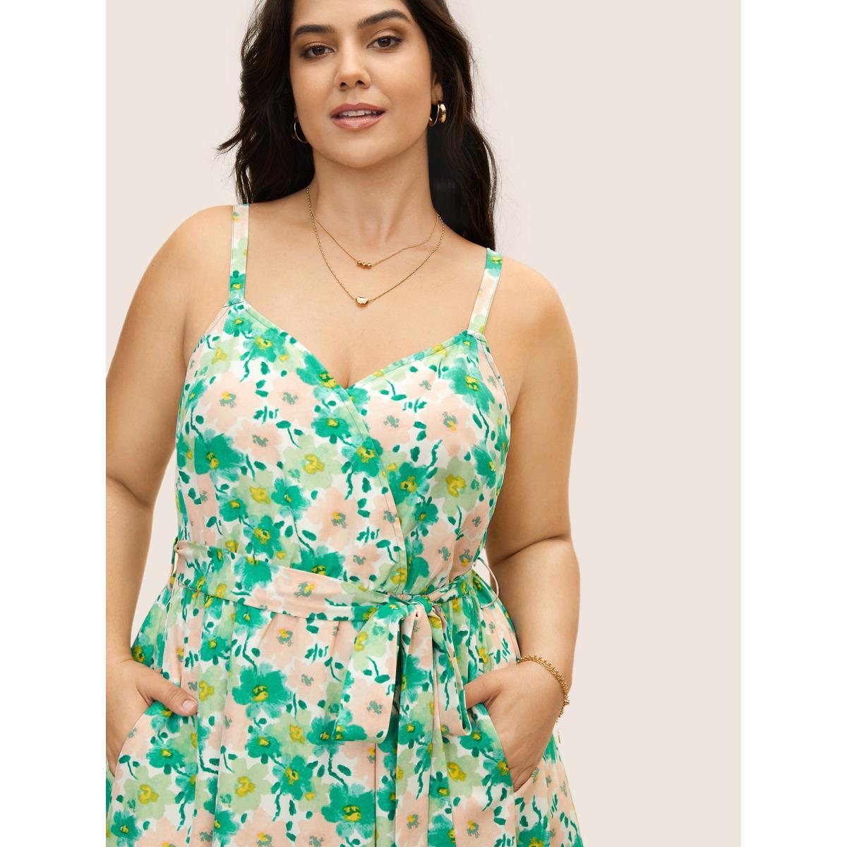Plus Size Floral Surplice Neck Belted Midi Dress Applegreen Women Elegant Belted Non Sleeveless Curvy BloomChic 14-16/1X Product Image
