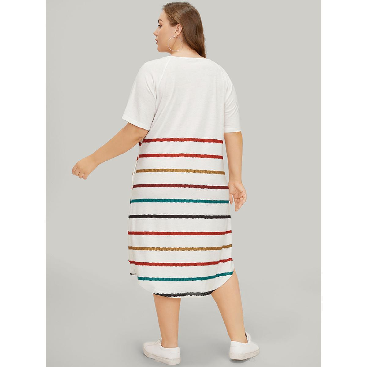 Plus Size Rainbow Striped Pocket Curved Hem Dress White Women Casual Contrast V-neck Short sleeve Curvy Midi Dress BloomChic 14-16/1X Product Image