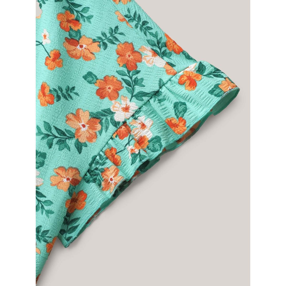 Plus Size Floral Print Ruffled Pockets Midi Dress Turquoise Women Elegant Texture Round Neck Short sleeve Curvy BloomChic 10/M Product Image