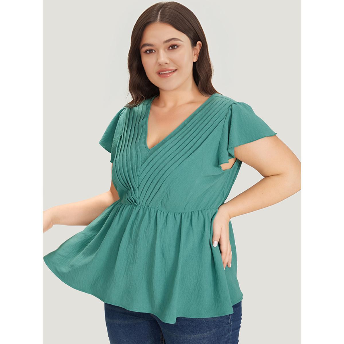 Plus Size Mint Solid Pleated Flutter Cap Sleeve Blouse Women Elegant Cap Sleeve V-neck Dailywear Blouses BloomChic 22-24/3X Product Image