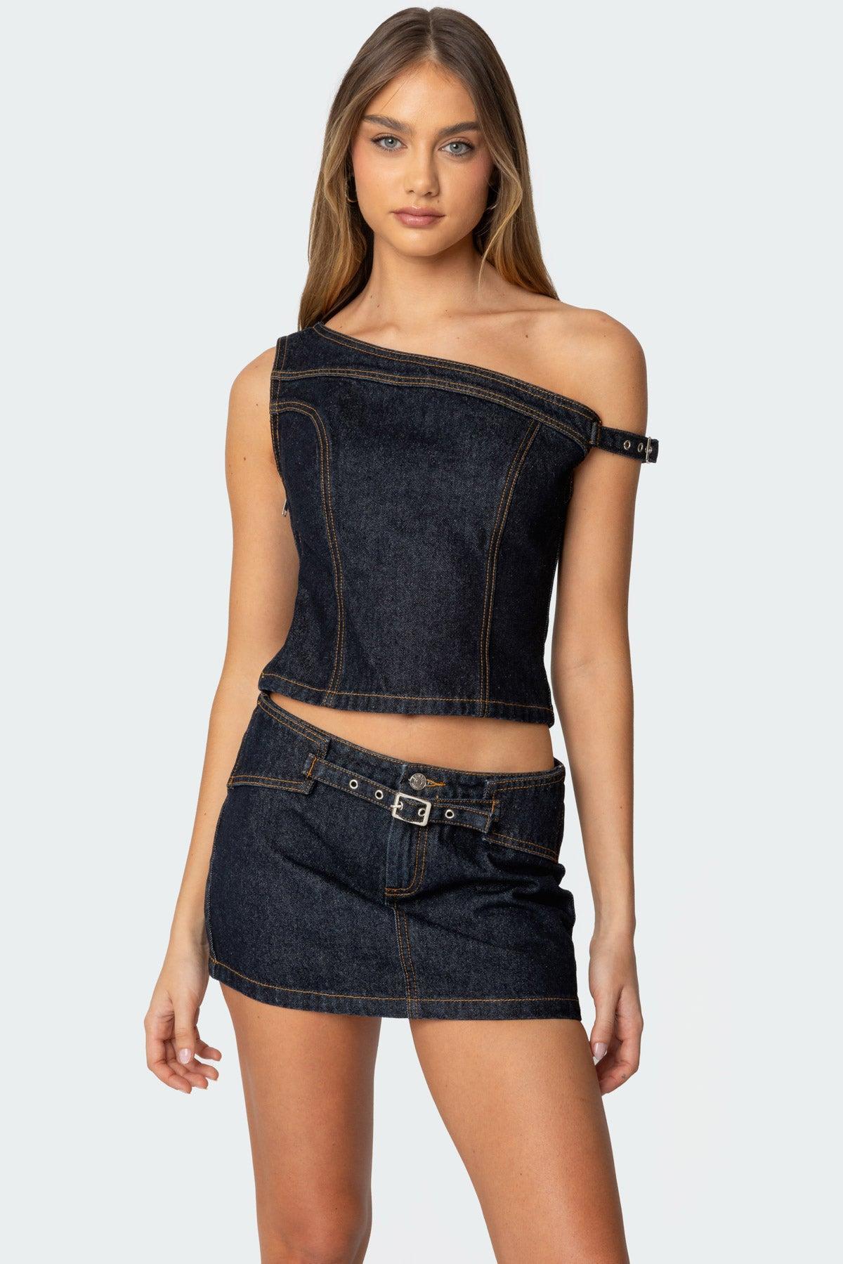 Keira Buckled Asymmetric Denim Top Product Image