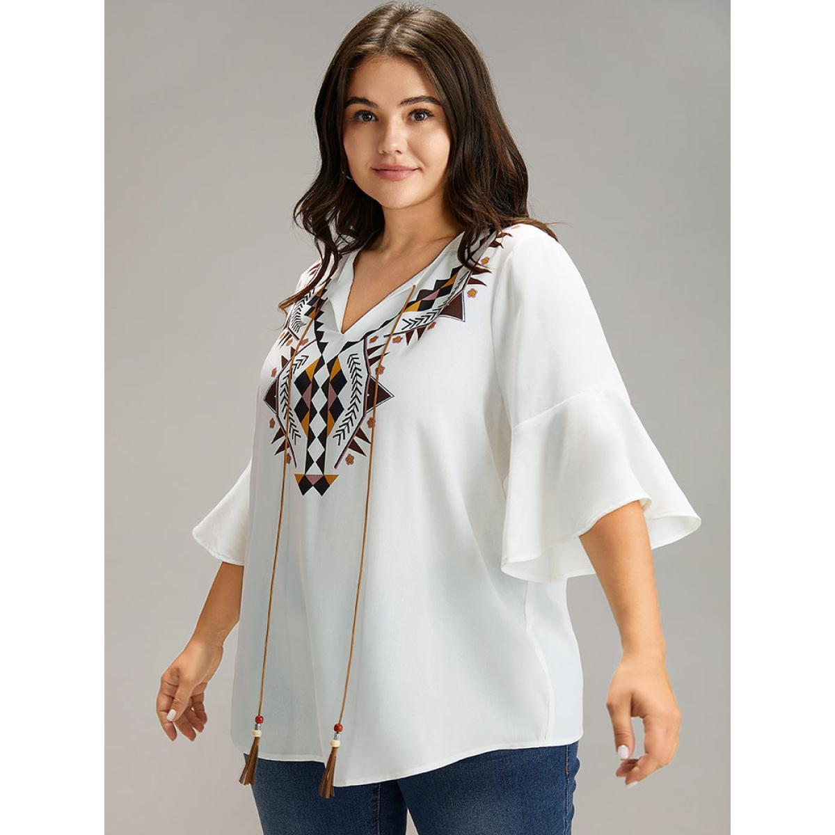 Plus Size White Bandana Patchwork Tassel Trim Flutter Sleeve Blouse Women Vacation Half Sleeve Tie Neck Vacation Blouses BloomChic 30/6X Product Image