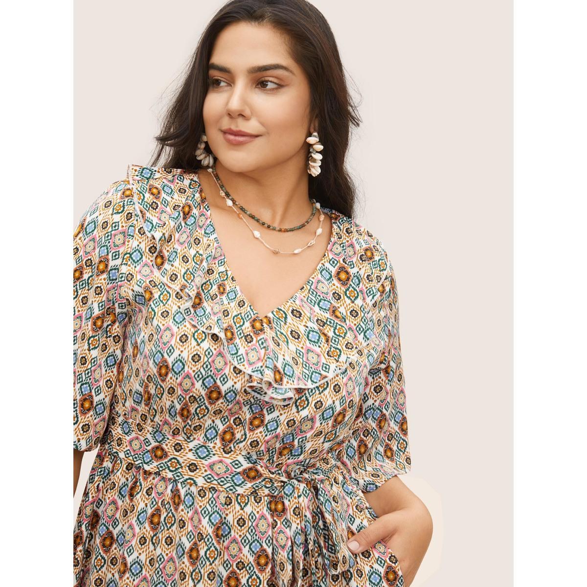 Plus Size Bandana Geometric Ruffle Trim Belted Dress DarkGreen Women Resort Non V-neck Half Sleeve Curvy Midi Dress BloomChic 30/6X Product Image