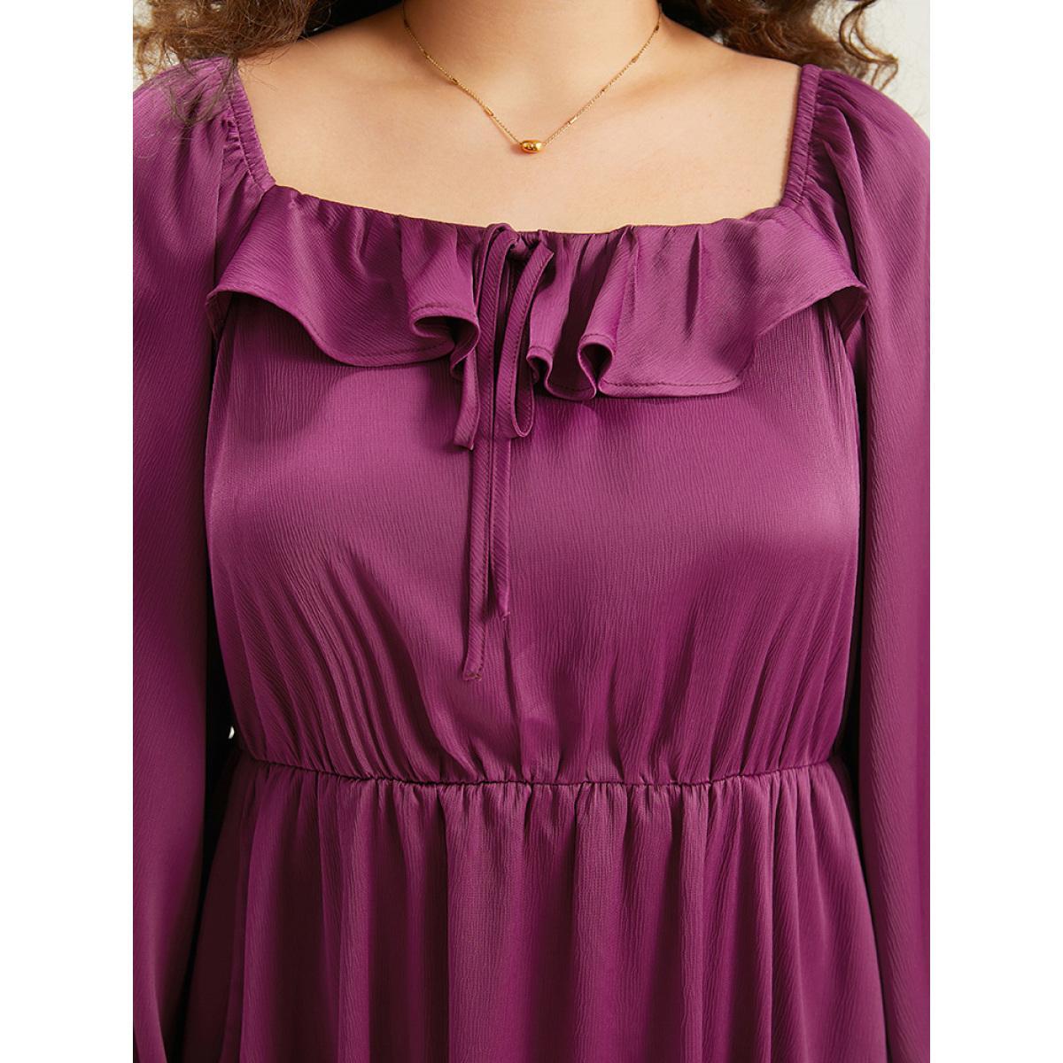 Plus Size Plain Flutter Trim Ties Split Side Dress Purple Women Elegant Gathered Square Neck Long Sleeve Curvy Midi Dress BloomChic 18-20/2X Product Image