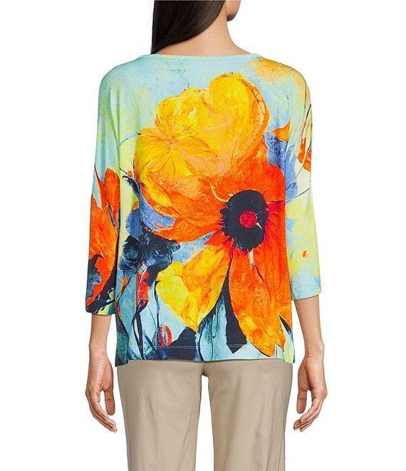 Ali Miles Knit Floral Round Neck 3/4 Dolman Sleeve Tunic Product Image