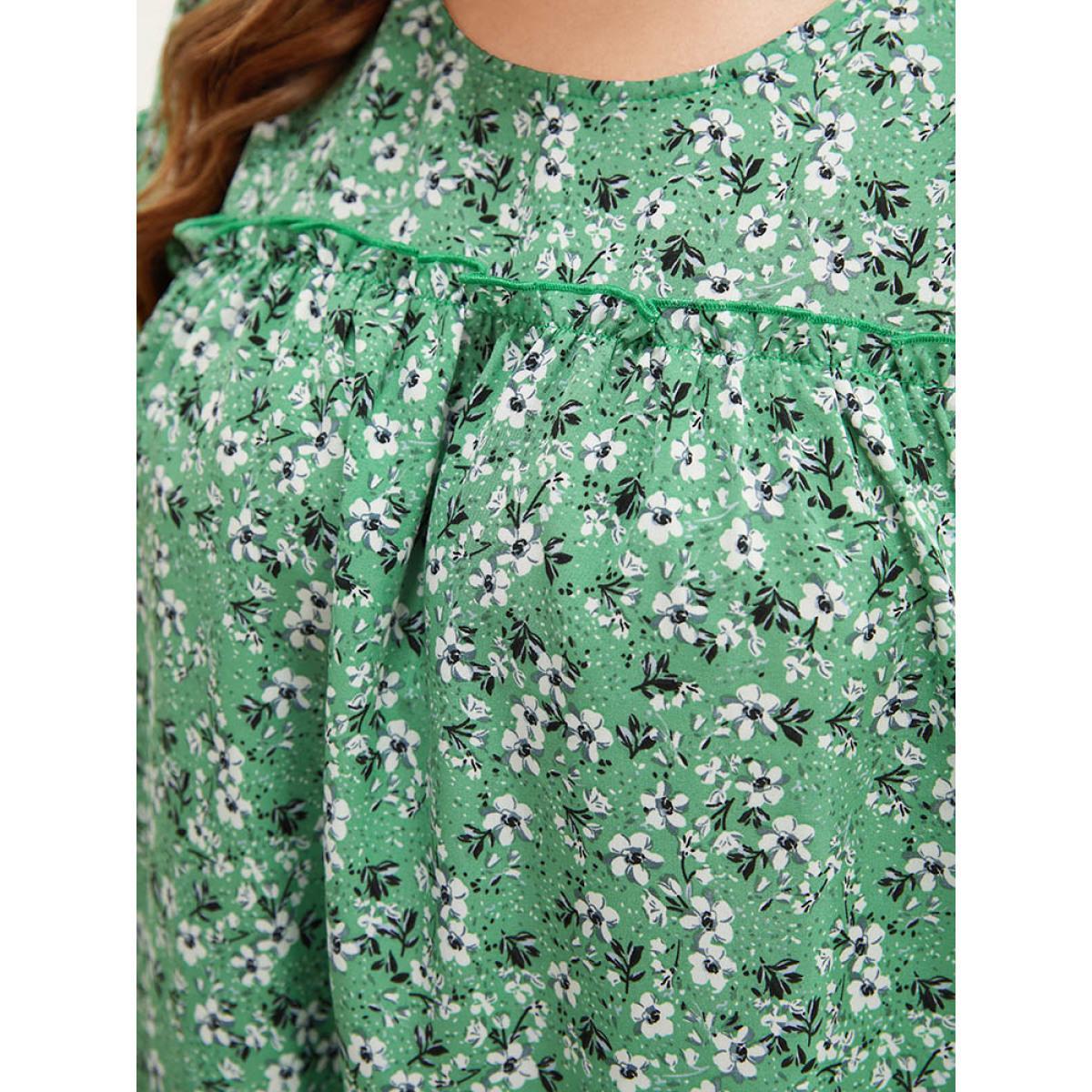 Plus Size Mint Ditsy Floral Frill Trim Gathered Ruffle Sleeve Blouse Women Elegant Short sleeve Round Neck Dailywear Blouses BloomChic 26/4X Product Image
