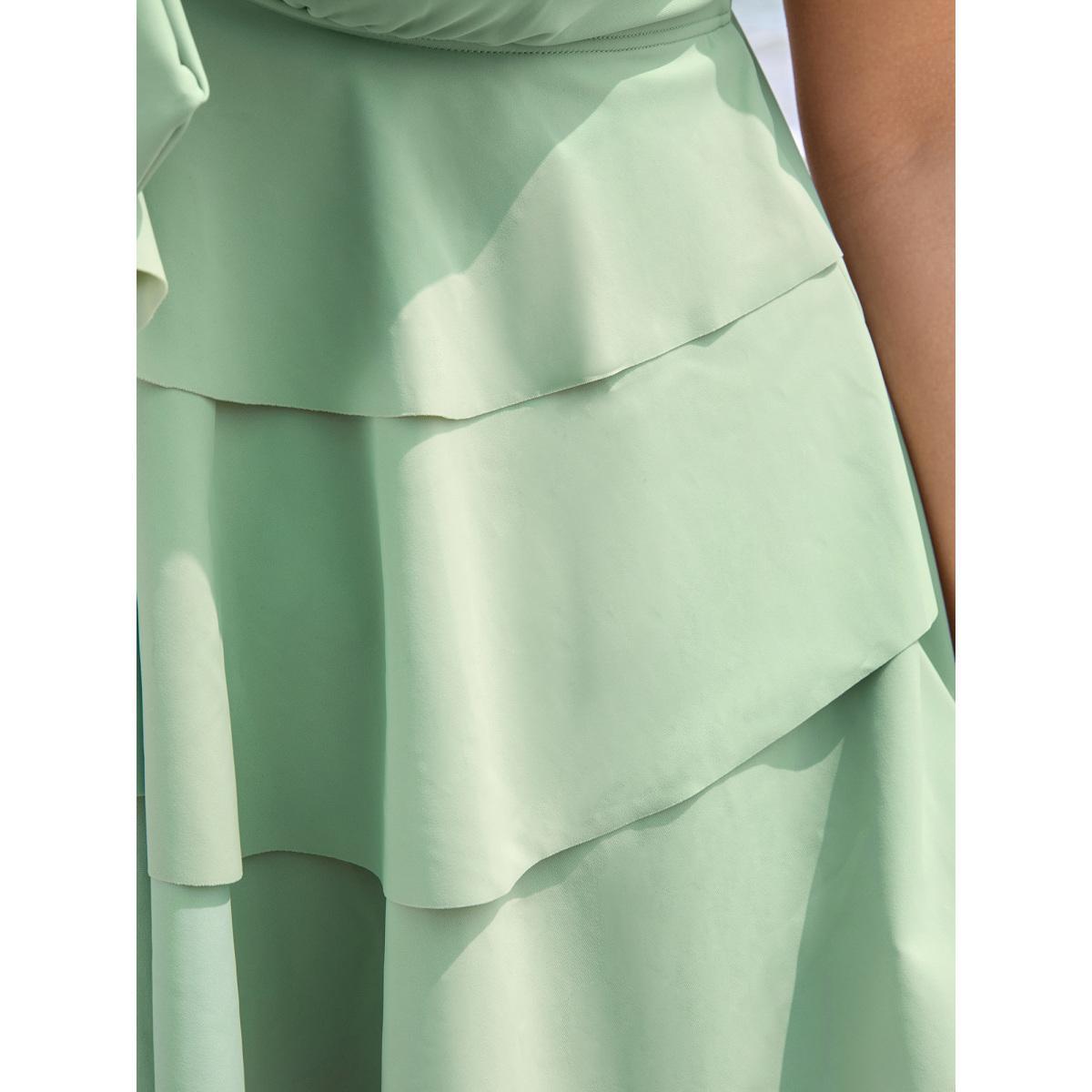 Plus Size Knotted Front Ruffle Tiered Tankini Top Women's Swimwear LightGreen Beach Ruffles High stretch Bodycon V-neck Curve Swim Tops BloomChic 30/6X Product Image