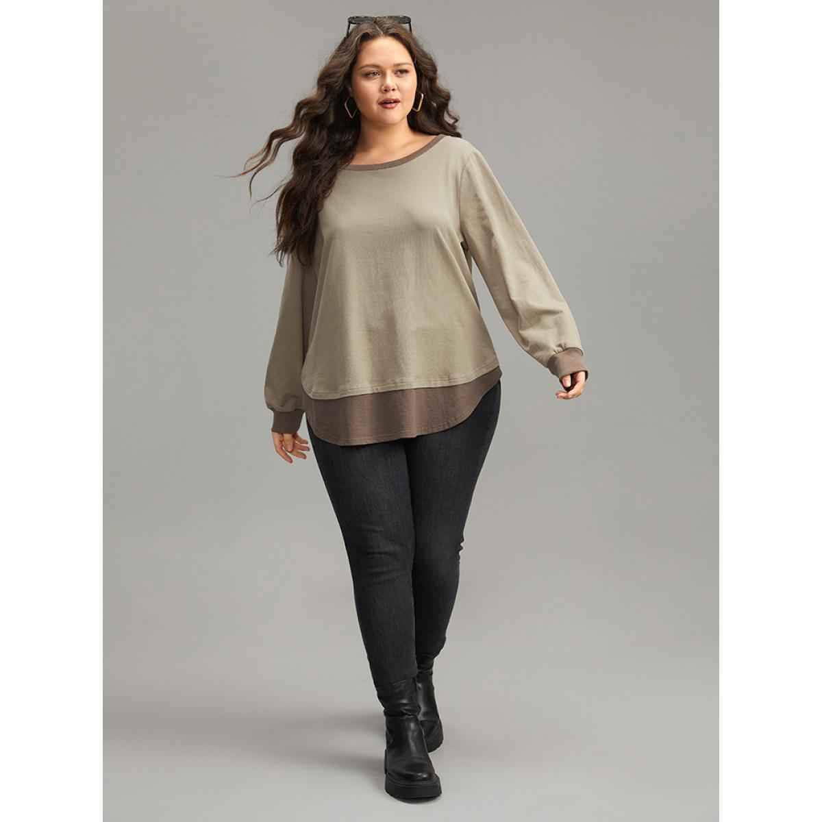 Plus Size Cotton Two Tone Layered Sweatshirt Women LightBrown Casual Arc Hem Round Neck Dailywear Sweatshirts BloomChic 26/4X Product Image
