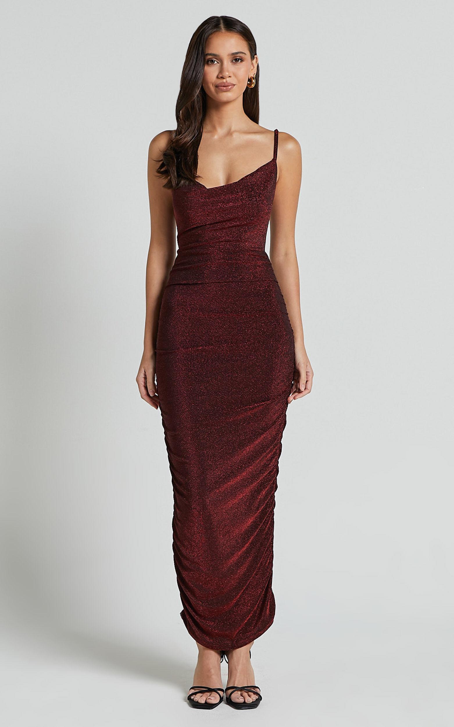Roma Midi Dress - Ruched Cowl Neck Dress in Berry Product Image