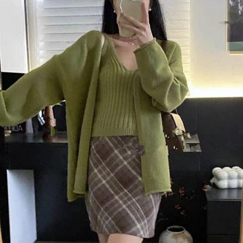 Set: V-Neck Ribbed Knit Cami Top + Cardigan Product Image