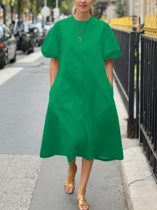 A-Line Loose Pleated Pockets Solid Color Round-Neck Midi Dresses Product Image