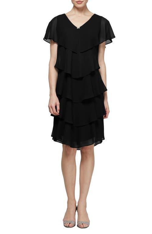 Ignite Evenings Petite Size Georgette V-Neck Short Sleeve Tiered Capelet Shift Dress Product Image