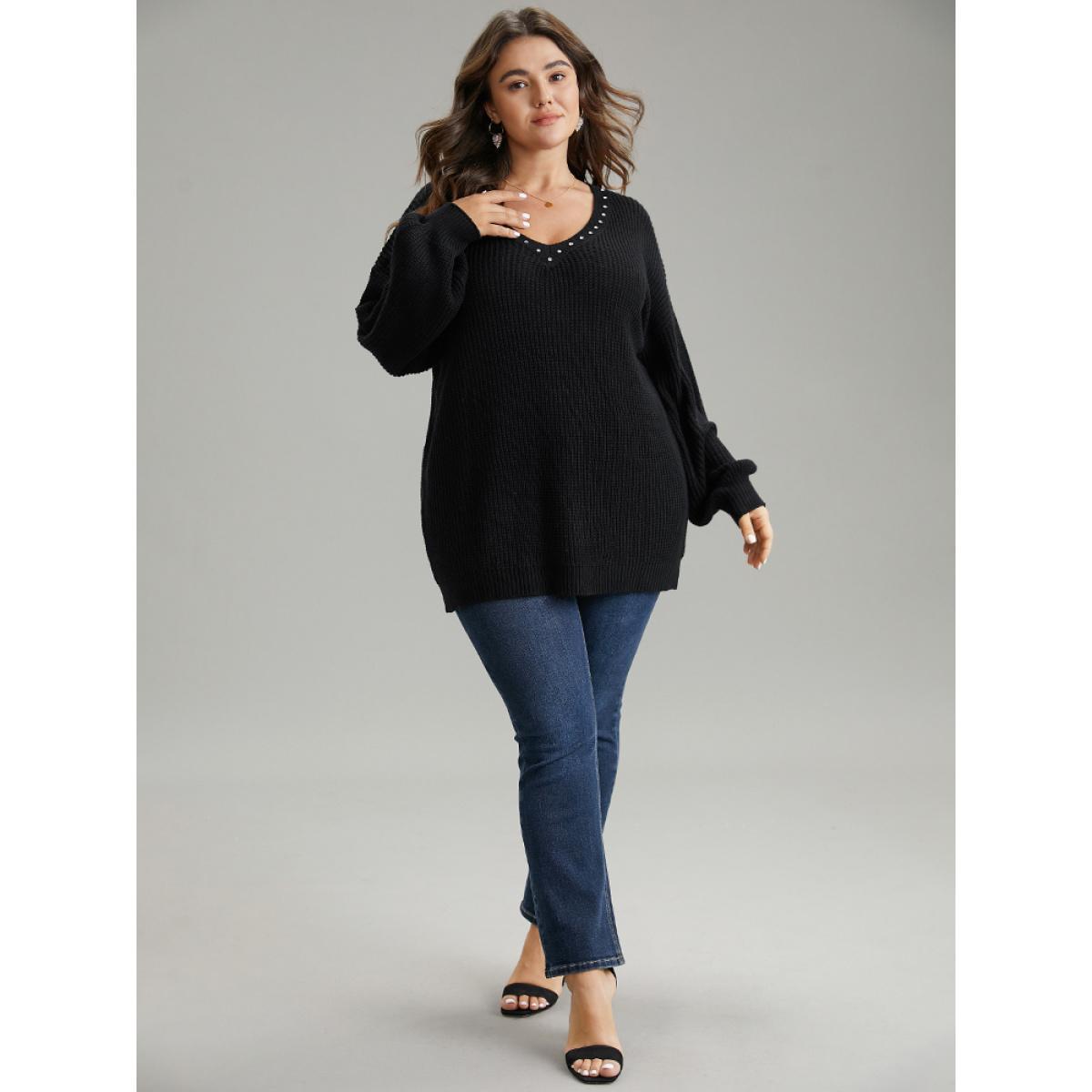Plus Size Rhinestone V Neck Drop Shoulder Pullover Black Women Casual Loose Long Sleeve V-neck Dailywear Pullovers BloomChic 10/M Product Image