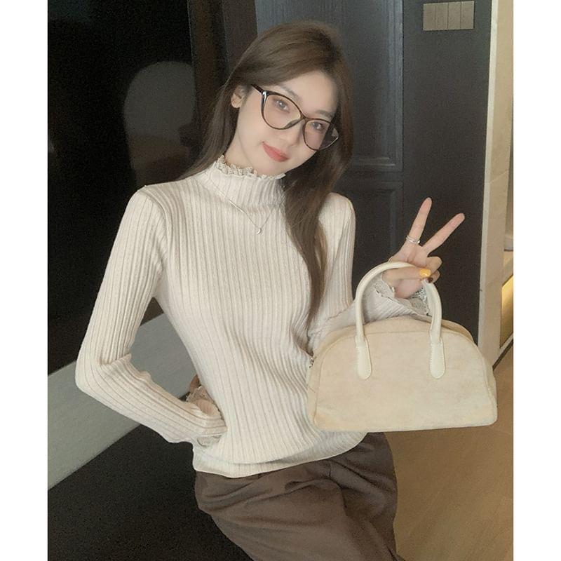 Mock Neck Plain Lace Trim Ribbed Sweater Product Image
