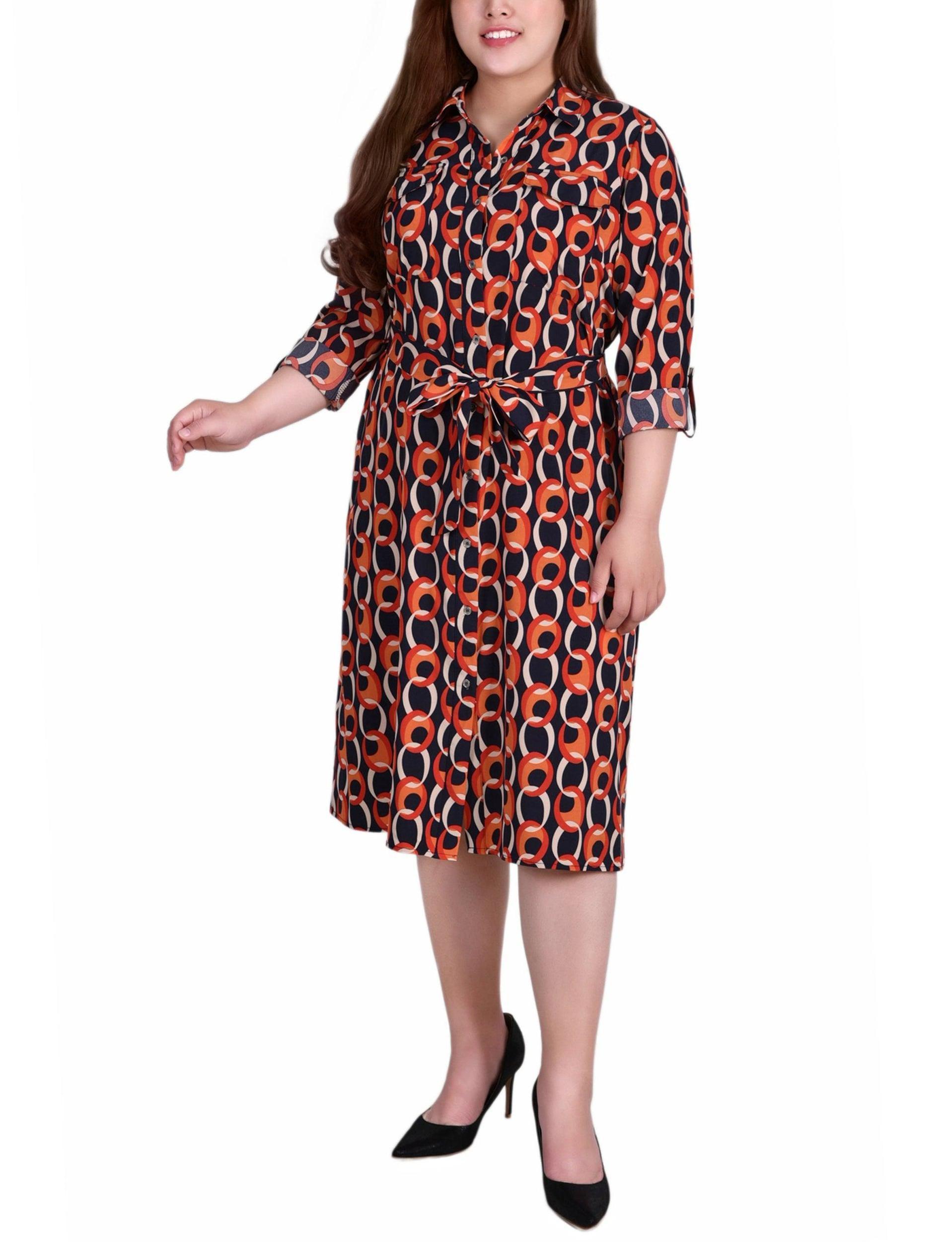 Circle Chain 3/4 Roll Tab Sleeve Belted Shirtdress - Plus Product Image