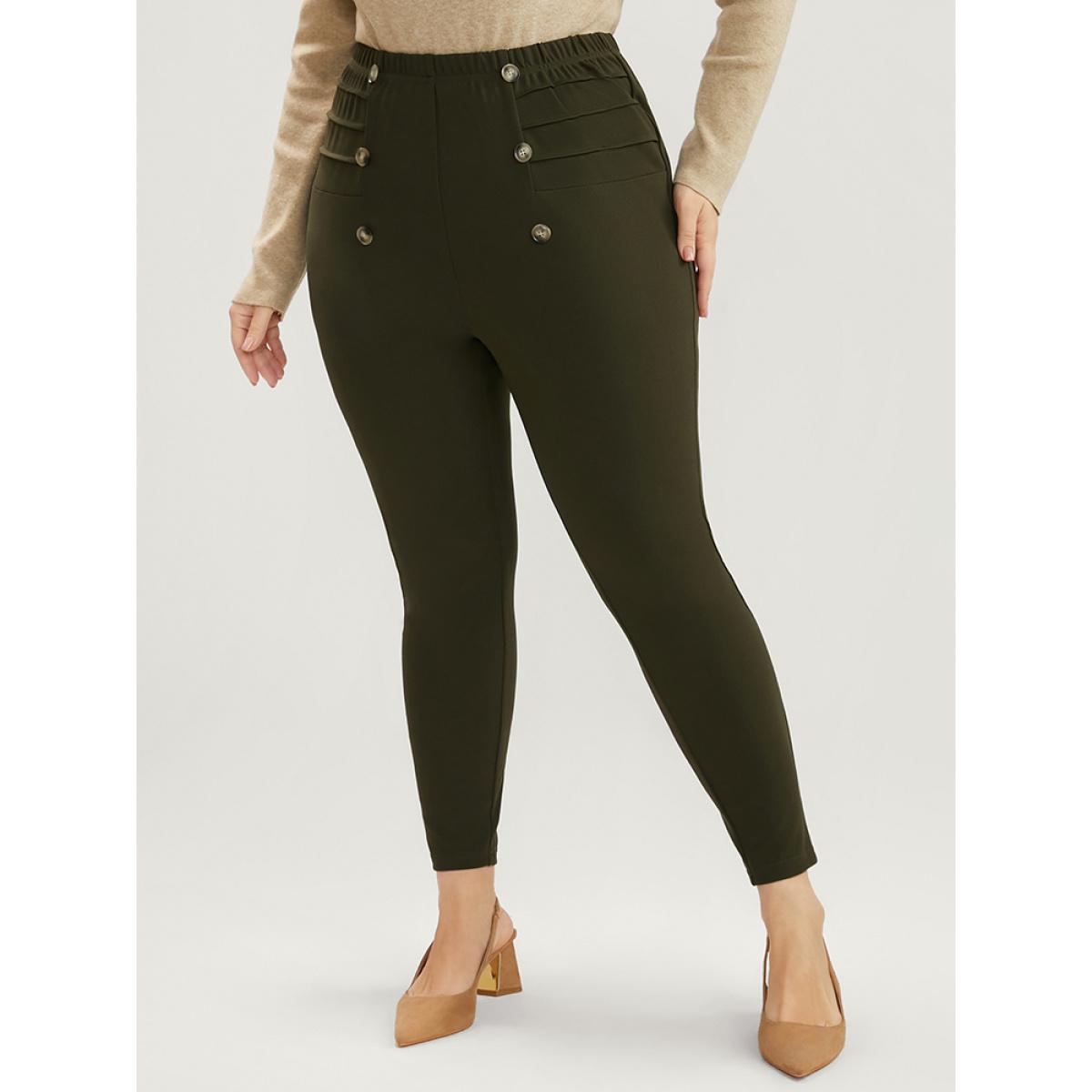Plus Size Solid Elastic Waist Button Detail Skinny Leggings Women ArmyGreen Elegant Low stretch Skinny Mid Rise Dailywear Leggings BloomChic 14-16/1X Product Image