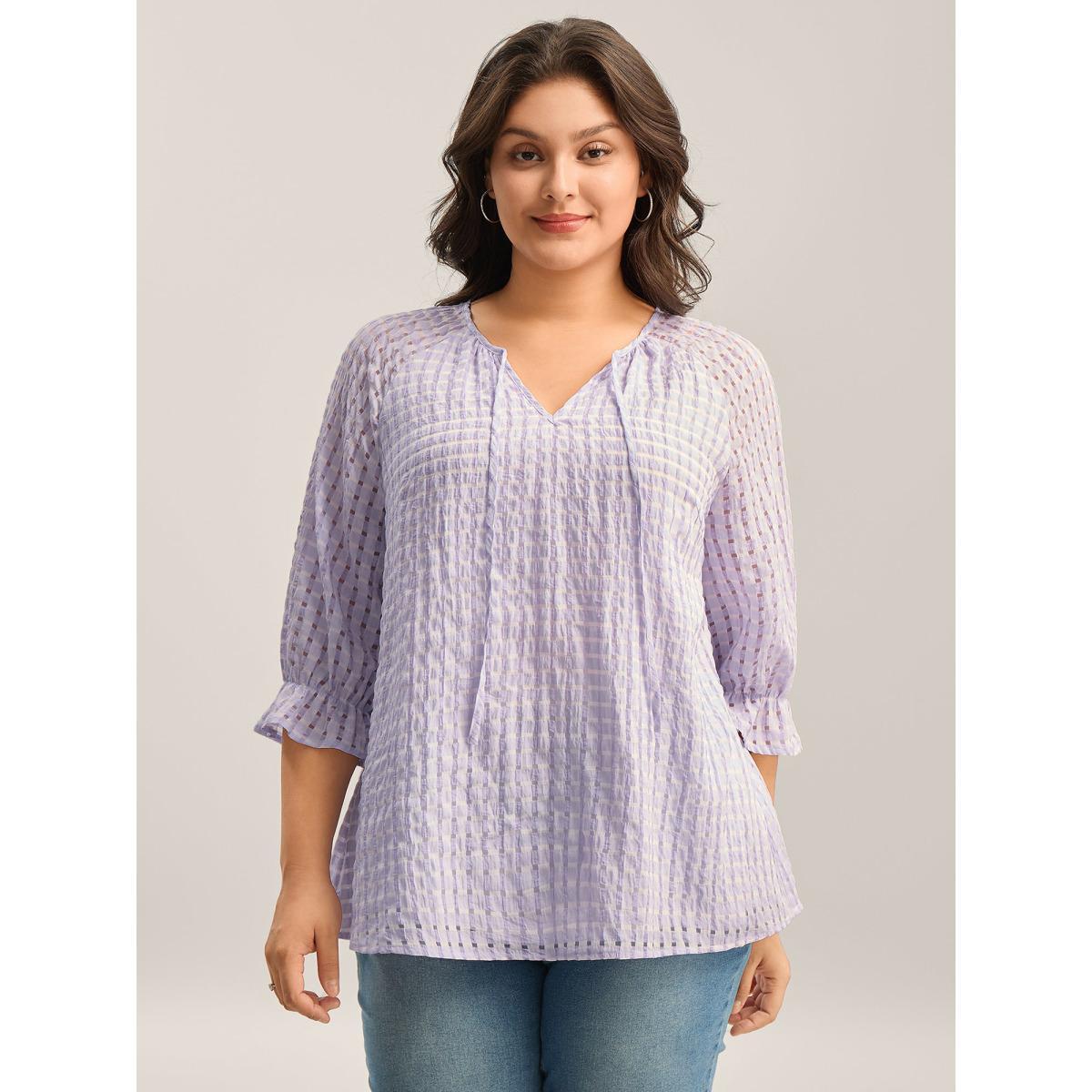 Plus Size Lavender Grid Textured Keyhole Tie Blouse Women Long Sleeve Round Neck Everyday-Casual Blouses BloomChic 28/5X Product Image