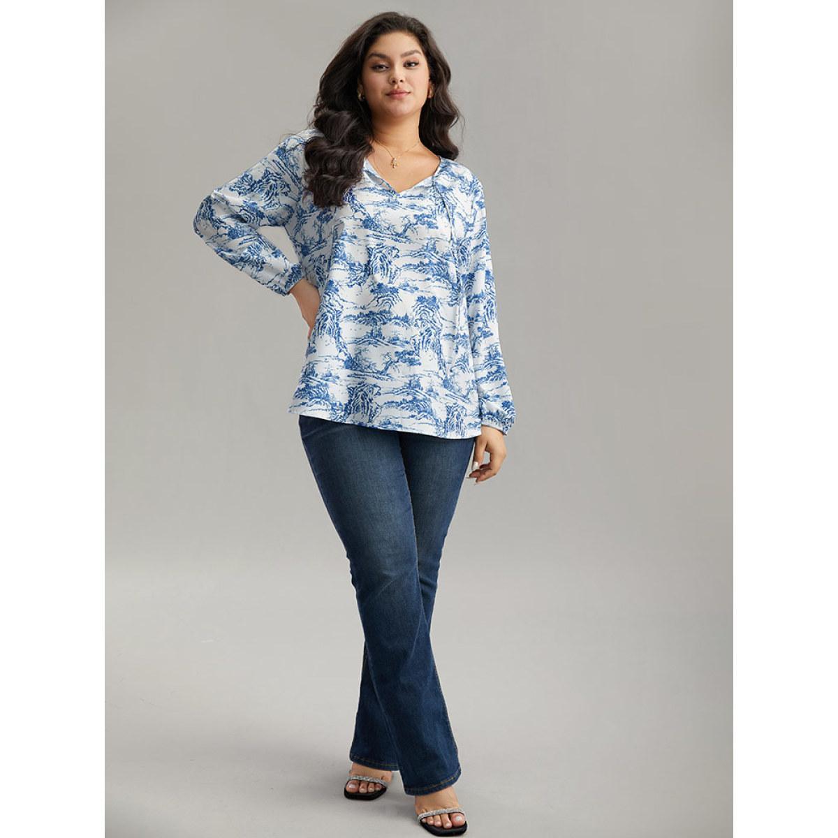 Plus Size Blue Landscape Print Tie Neck Blouse Women Elegant Long Sleeve Tie Neck Dailywear Blouses BloomChic 18-20/2X Product Image