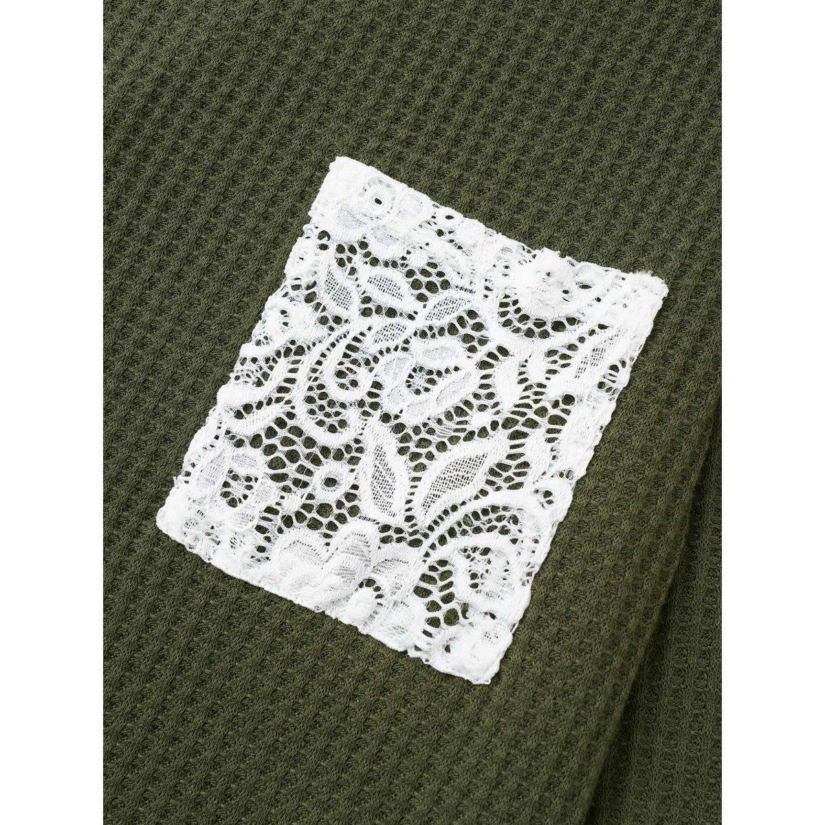 Plus Size Waffle Knit Contrast Lace Patchwork T-shirt ArmyGreen Women Elegant Contrast Plain Round Neck Everyday T-shirts BloomChic 18-20/2X Product Image