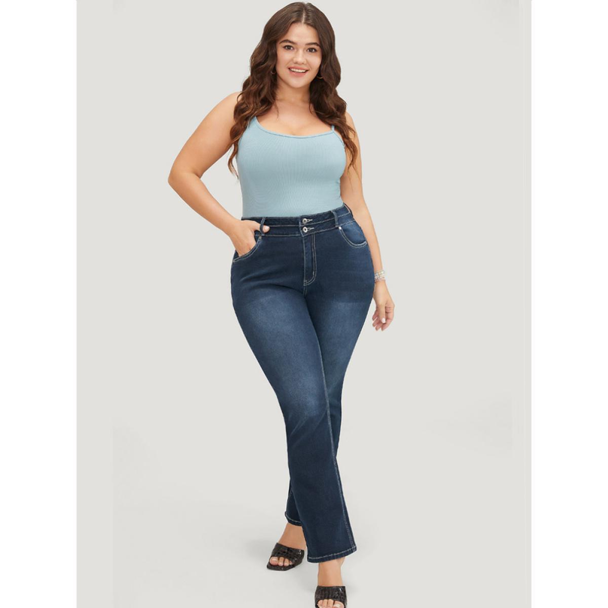 Plus Size Very Stretchy High Rise Dark Wash Contrast Stitching Jeans Women DarkBlue Casual Plain High stretch Pocket Jeans BloomChic 20/2X Product Image
