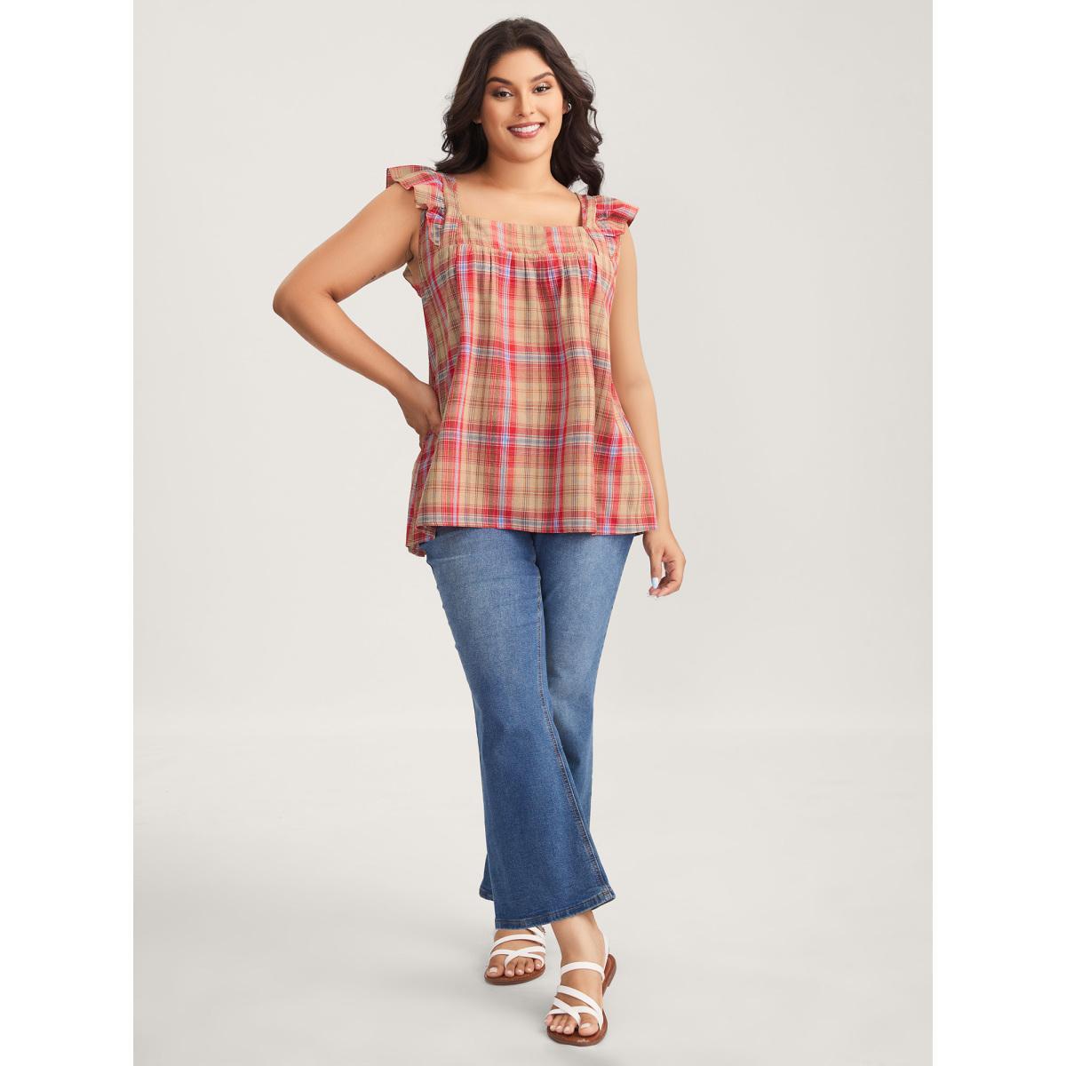 Plus Size Raspberry Plaid Print Flutter Sleeve Pleated Blouse Women Cap Sleeve Square Neck Everyday-Casual Blouses BloomChic 30/6X Product Image