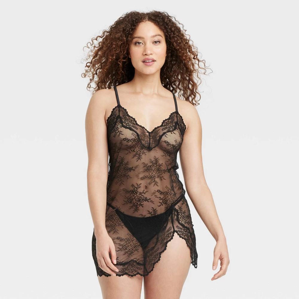 Women's Allover Lace Lingerie Slip Dress - Auden™ Black S: V Back, Adjustable Strap, Above Knee Length Product Image
