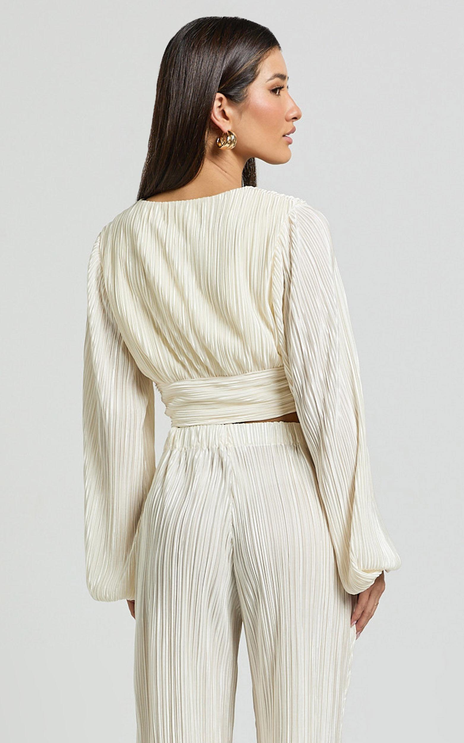 Jondra Blouse - Ruched Front Long Sleeve Plisse Blouse in Cream Product Image