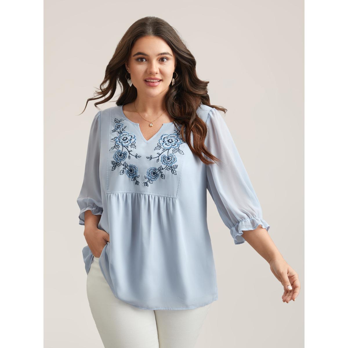 Plus Size LightBlue Chiffon Embroidery Puff Sleeve Pleated Shirt Women Elegant Elbow-length sleeve Notched collar Everyday Blouses BloomChic 12/L Product Image