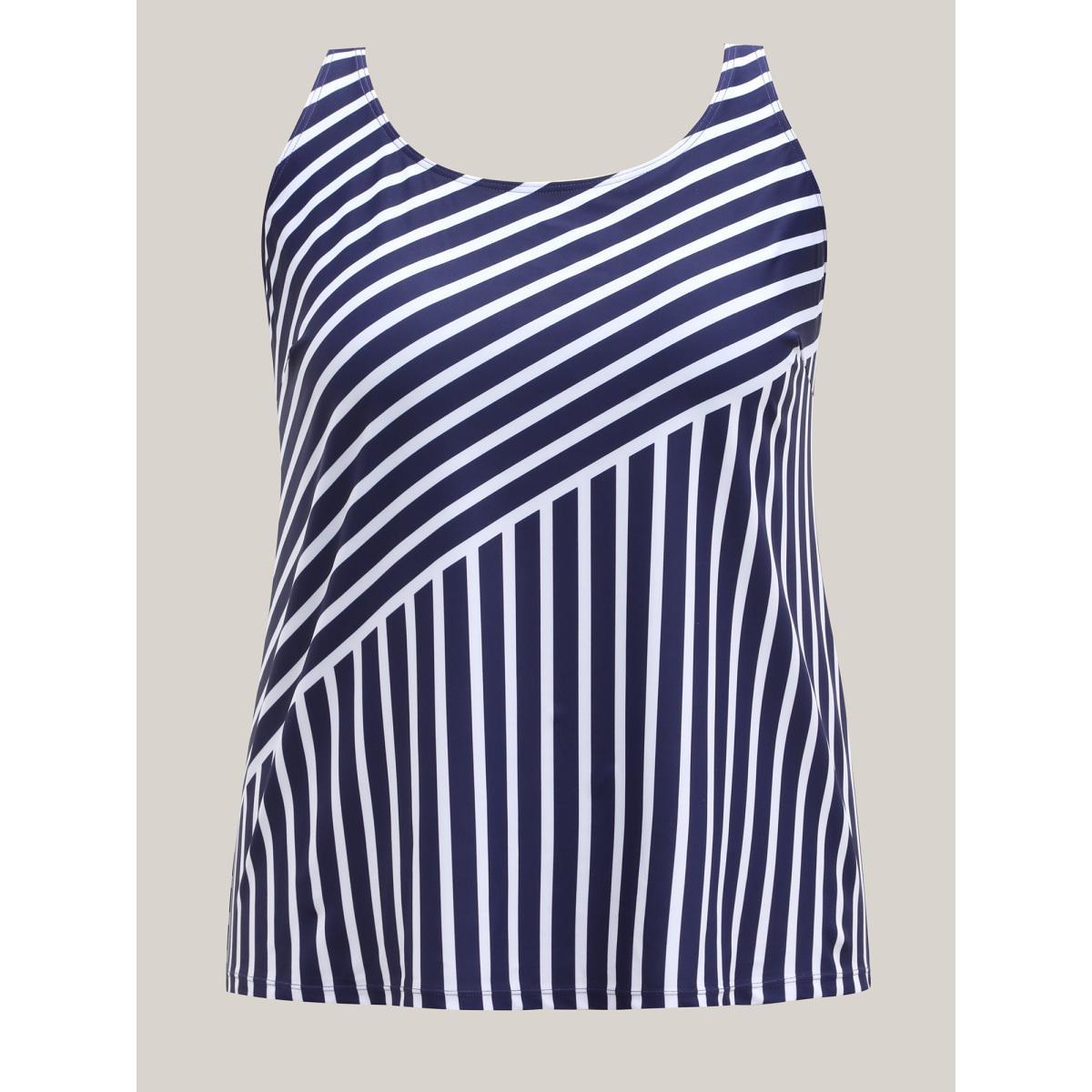 Plus Size Striped Print Non-Removable Cups Swim Tankini Women's Swimwear Indigo Beach Contrast High stretch Bodycon U-neck Curve Swim Tops BloomChic 22-24/3X Product Image