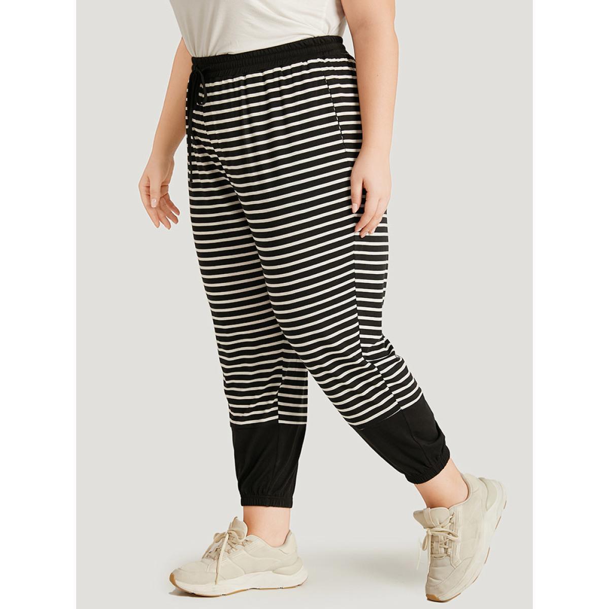 Striped Patchwork Elastic Waist Pocket Ties Sweatpants Black Plus Size Women Casual Dailywear Patchwork 14-16/1X Bloomchic Product Image