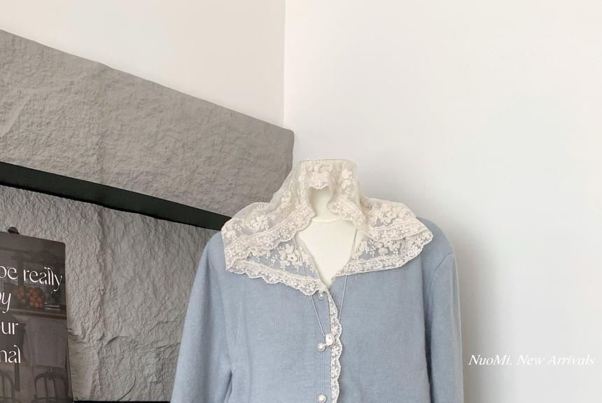 Lace Trim Hooded Plain Cardigan Product Image