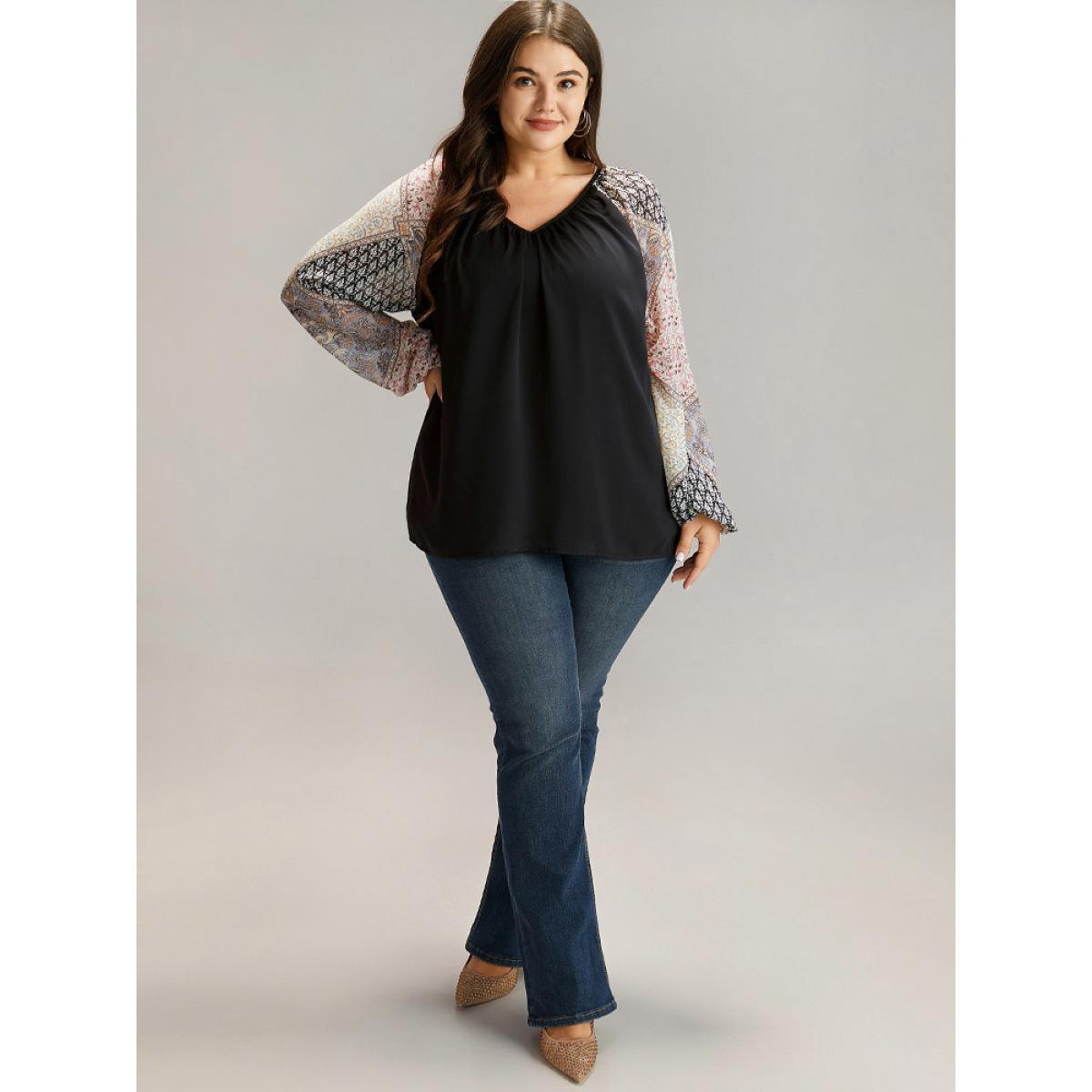 Plus Size Black Bandana Patchwork Twill Contrast Lantern Sleeve Blouse Women Elegant Long Sleeve V-neck Dailywear Blouses BloomChic 14-16/1X Product Image