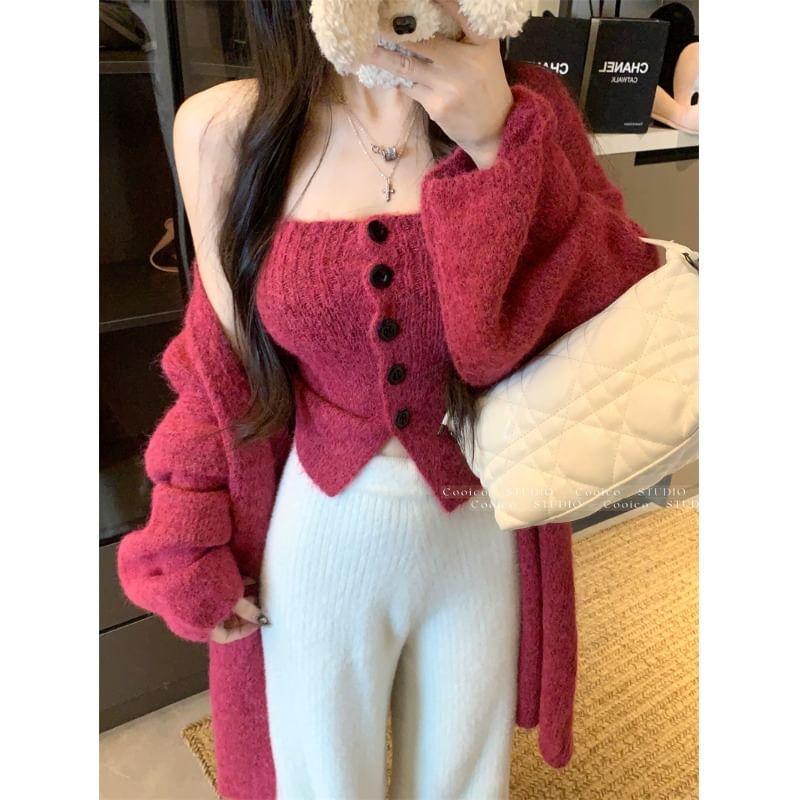 Set: Plain Button Knit Tube Top + Long Cardigan Product Image