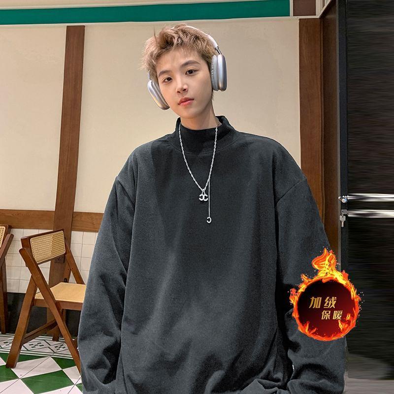 Long-Sleeve Mock Neck Plain Fleece-Lined T-Shirt Product Image
