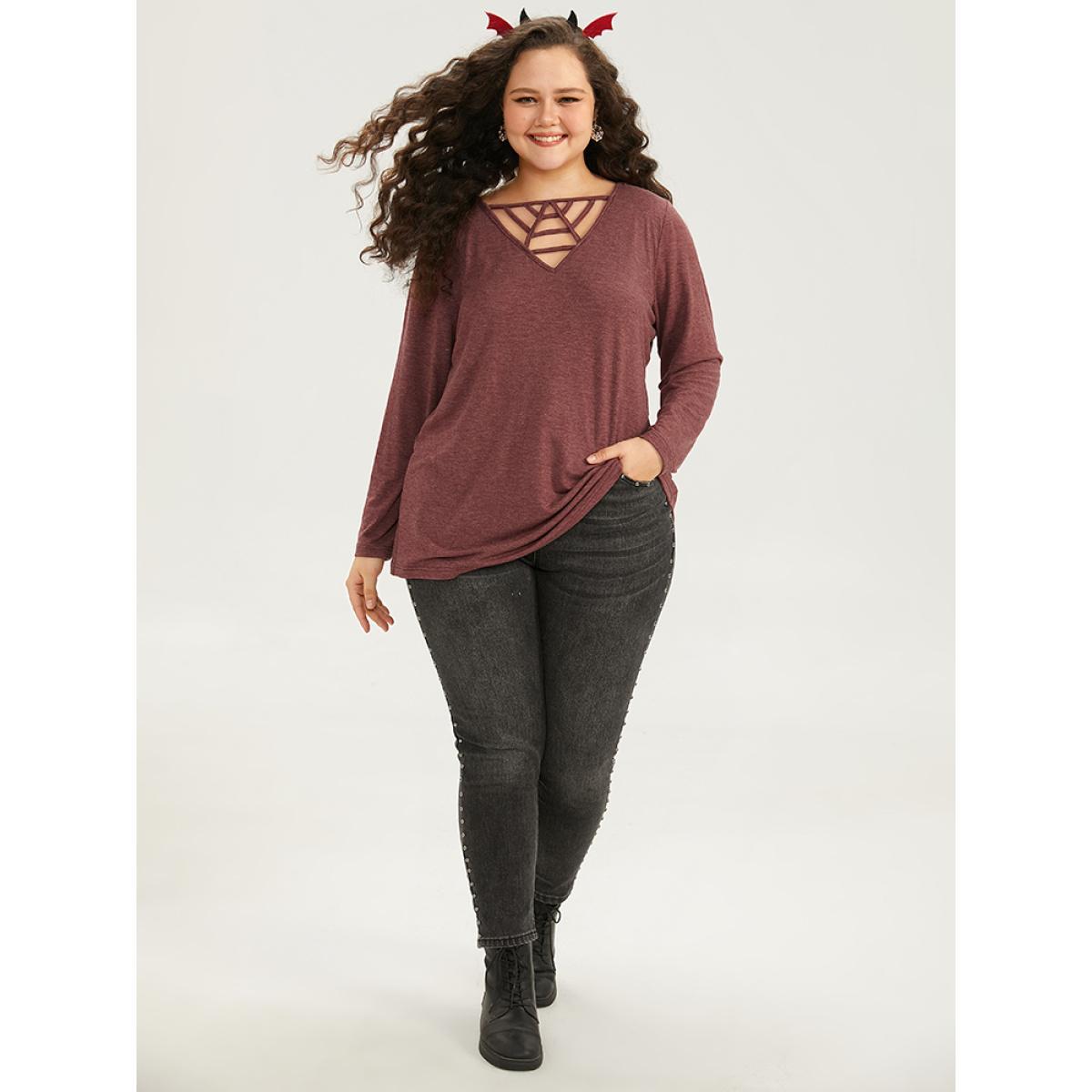 Plus Size Halloween Plain Cut Out T-shirt Russet Women Casual Plain Plain Keyhole Cut-Out Festival-Halloween T-shirts BloomChic 14-16/1X Product Image