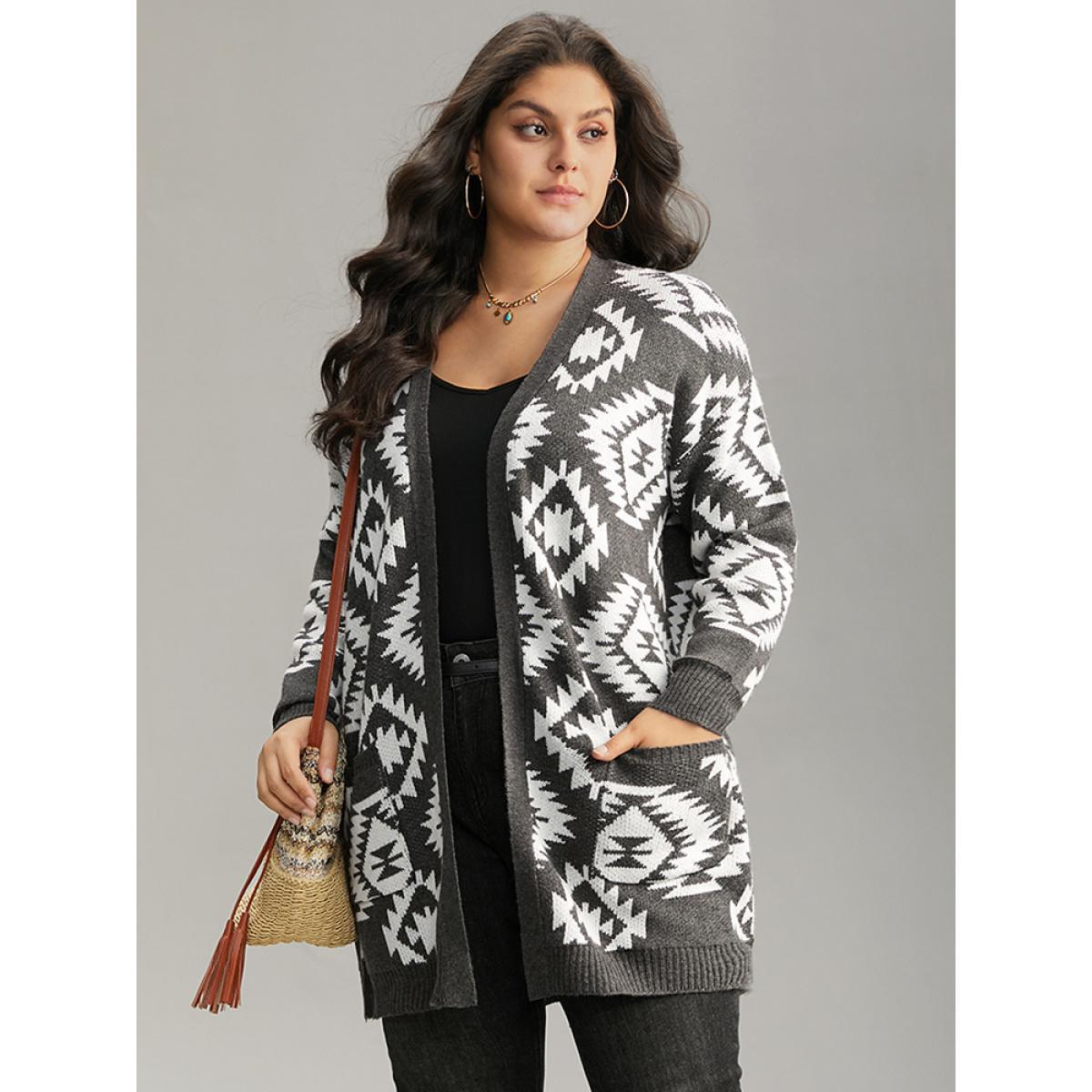 Plus Size Bandana Print Elastic Cuffs Patched Pocket Cardigan DimGray Women Casual Loose Long Sleeve Dailywear Cardigans BloomChic 26/4X Product Image