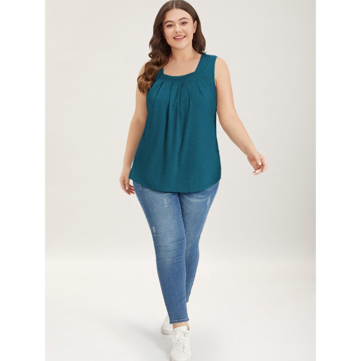 Plus Size Heather Plicated Detail Square Neck Tank Top Women Aegean Casual Non U-neck Everyday Tank Tops Camis BloomChic 12/L Product Image