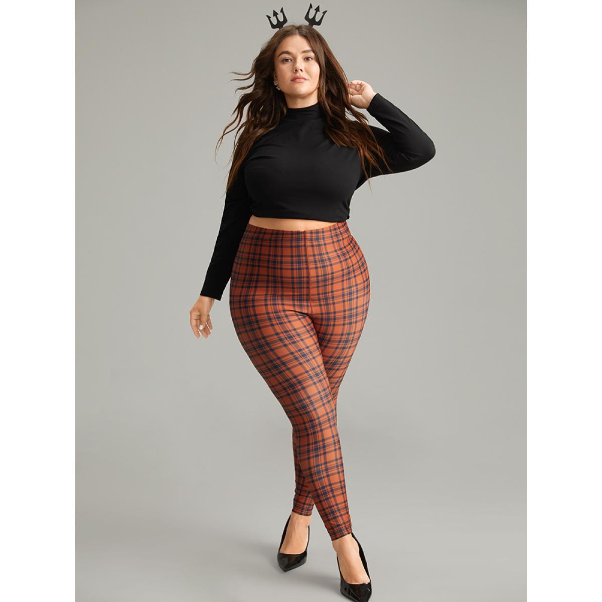 Plus Size Plaid Skinny Elastic Waist Leggings Women Chocolate Elegant High stretch Skinny High Rise Dailywear Leggings BloomChic 12/L Product Image