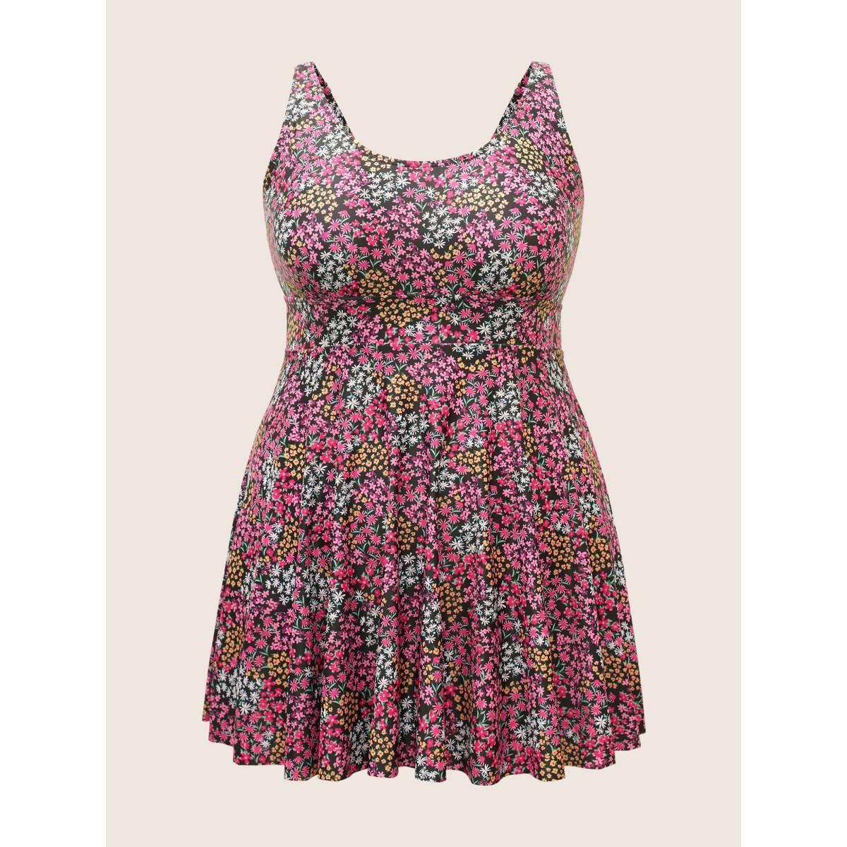 Plus Size Ditsy Floral U Neck High Rise Swim Dress Women's Swimwear Multicolor Beach Bodycon U-neck High stretch Curve Swim Dresses BloomChic 12/L Product Image