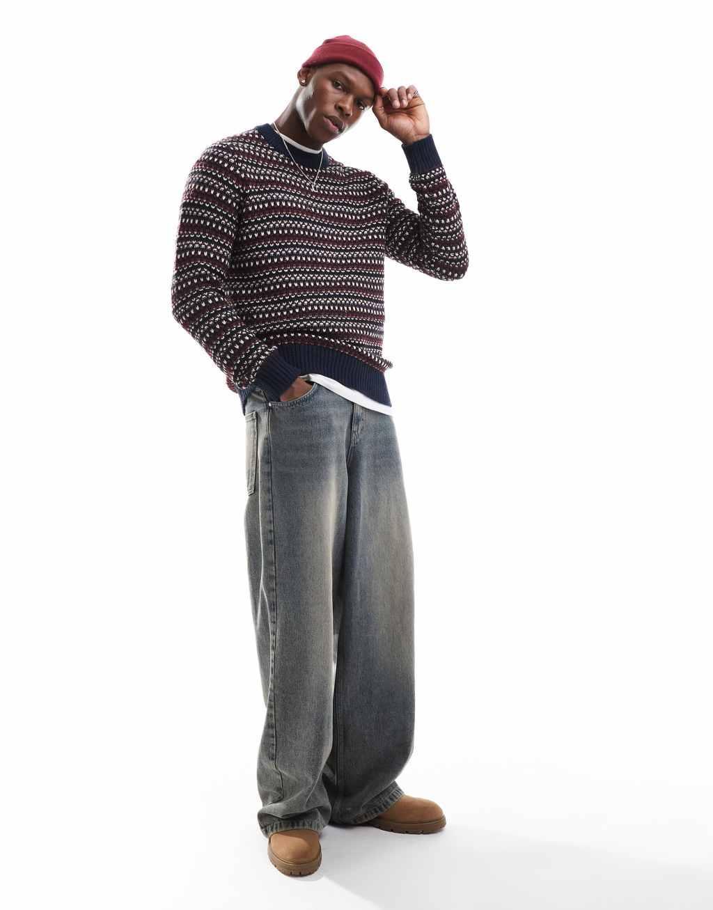 ONLY & SONS crew neck structured knit sweater with stripe in navy Product Image
