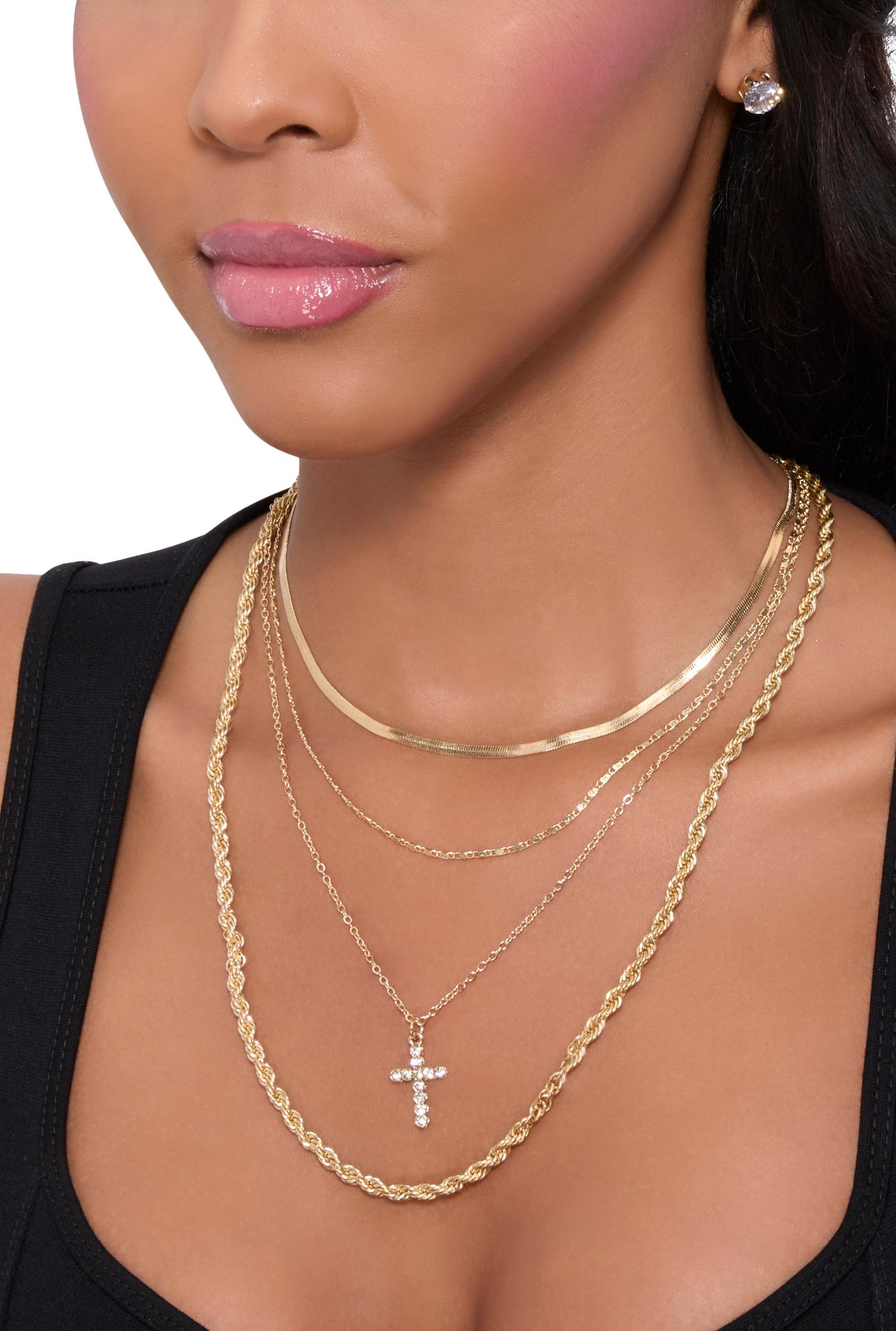 Cross Charm Layered Necklace with Stud Earring Trio Female Product Image