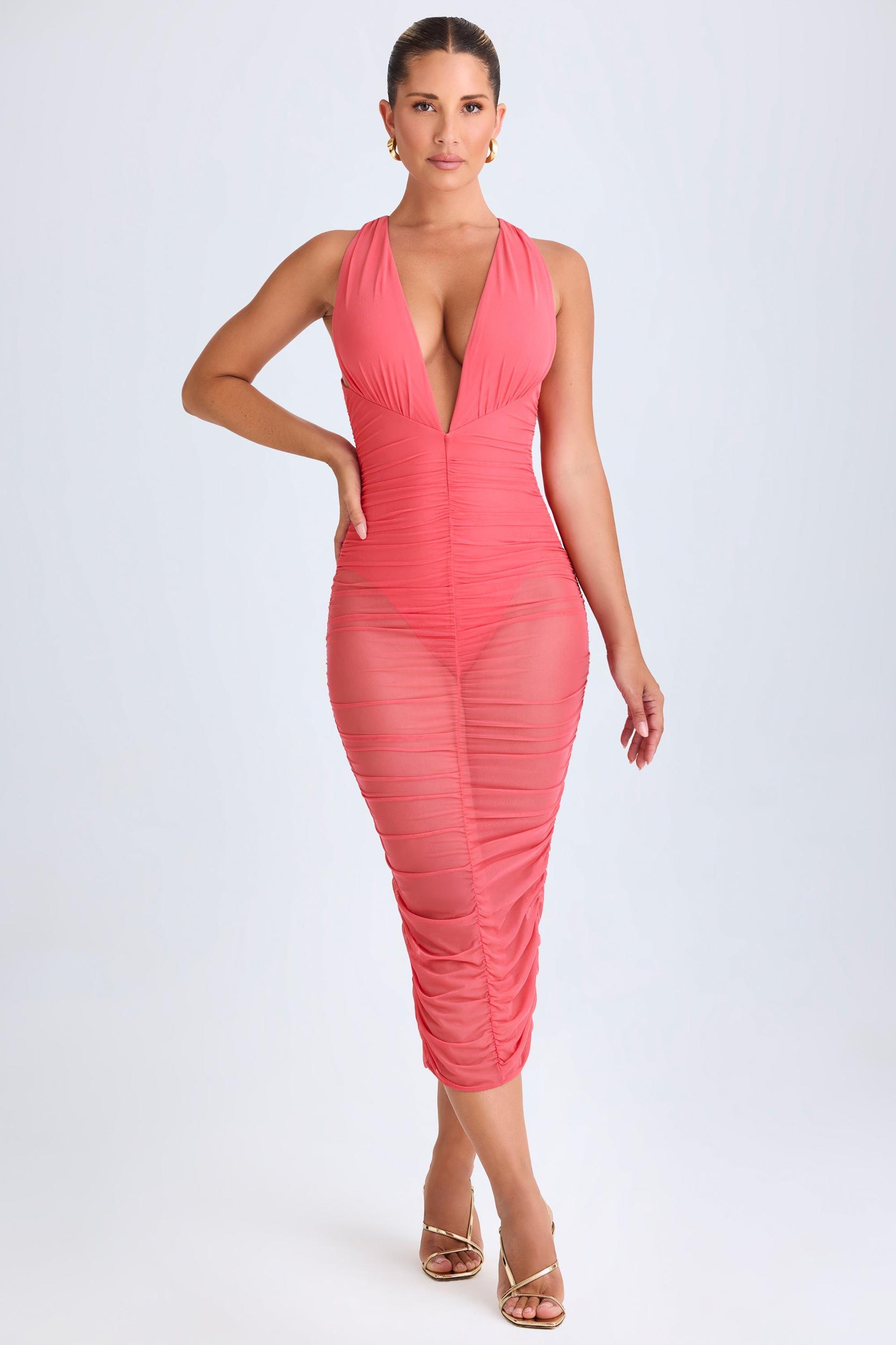 Ruched Plunge Midaxi Dress in Coral Product Image