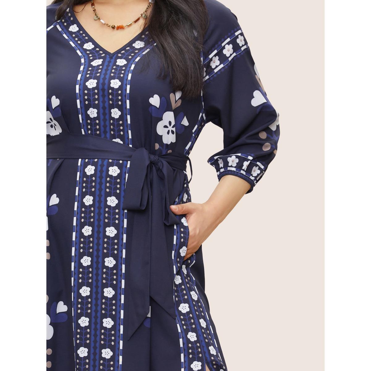 Plus Size Boho Print Belted Pocket Split Side Dress DarkBlue Women Resort Belted V-neck Elbow-length sleeve Curvy Midi Dress BloomChic 14-16/1X Product Image