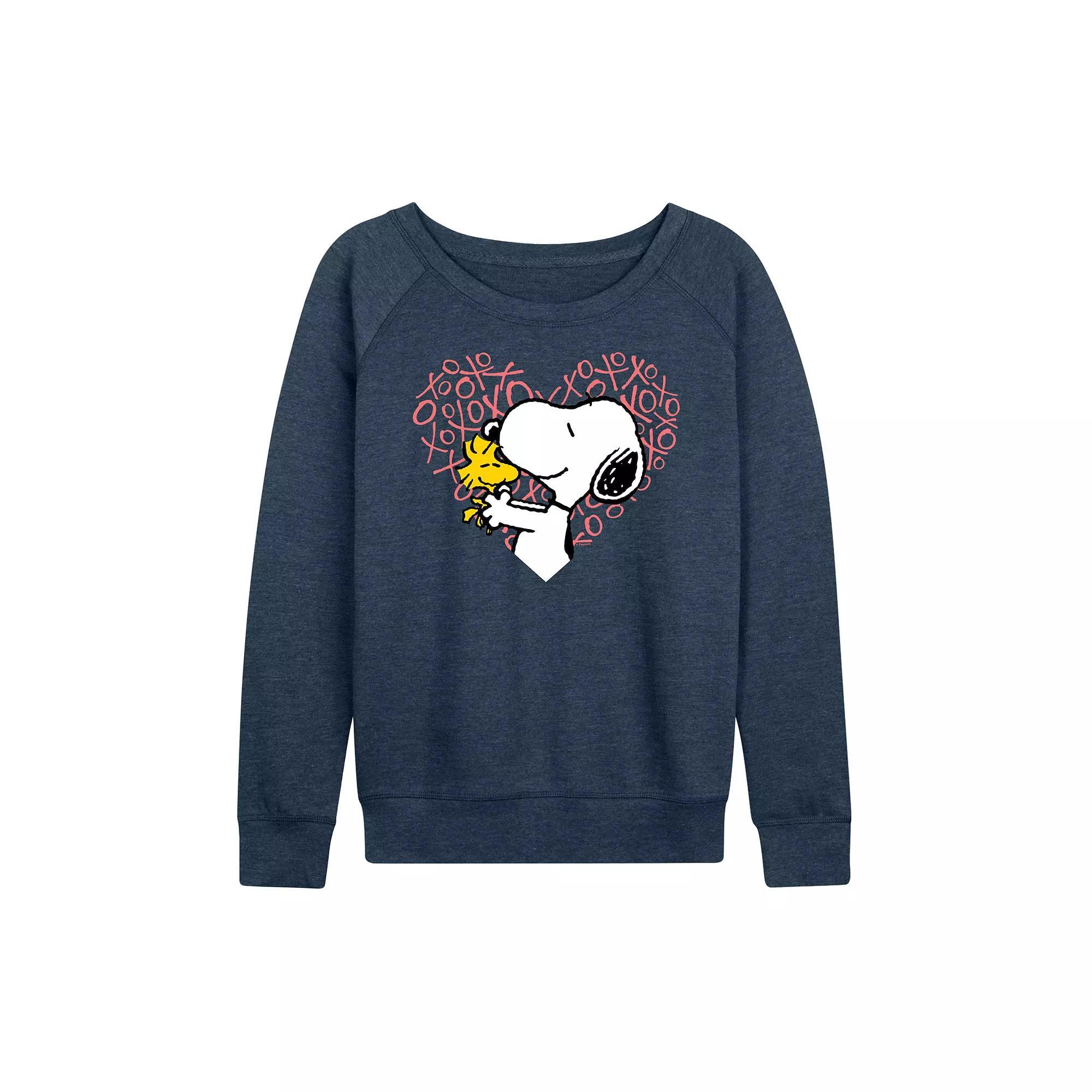 Womens Peanuts Snoopy & Woodstock XO Heart French Terry Long Sleeve Tee Grey Indigo Product Image