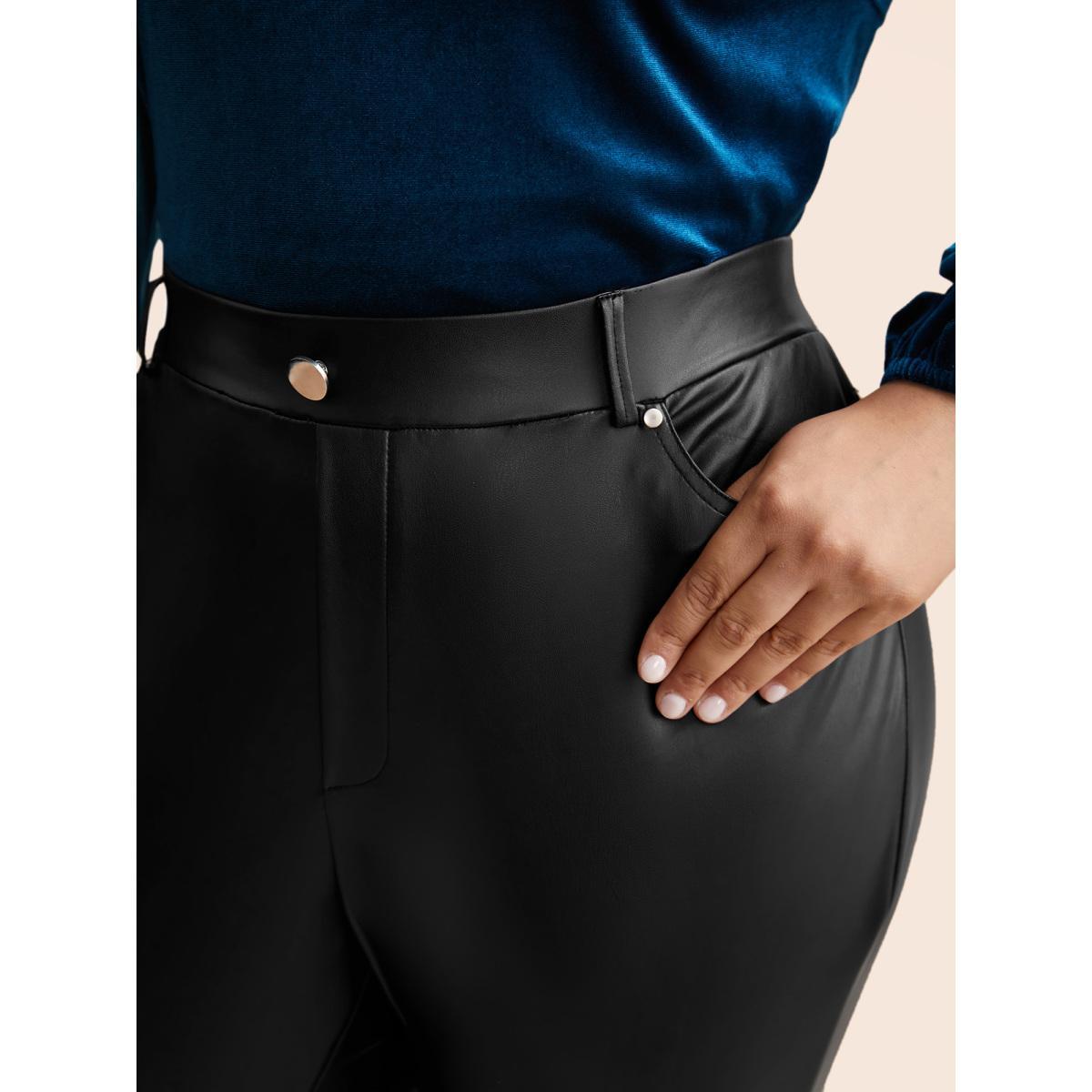 Plus Size PU Leather Button Detail Mid Rise Pants Women Black Casual Skinny Mid Rise Everyday Pants BloomChic 30/6X Product Image