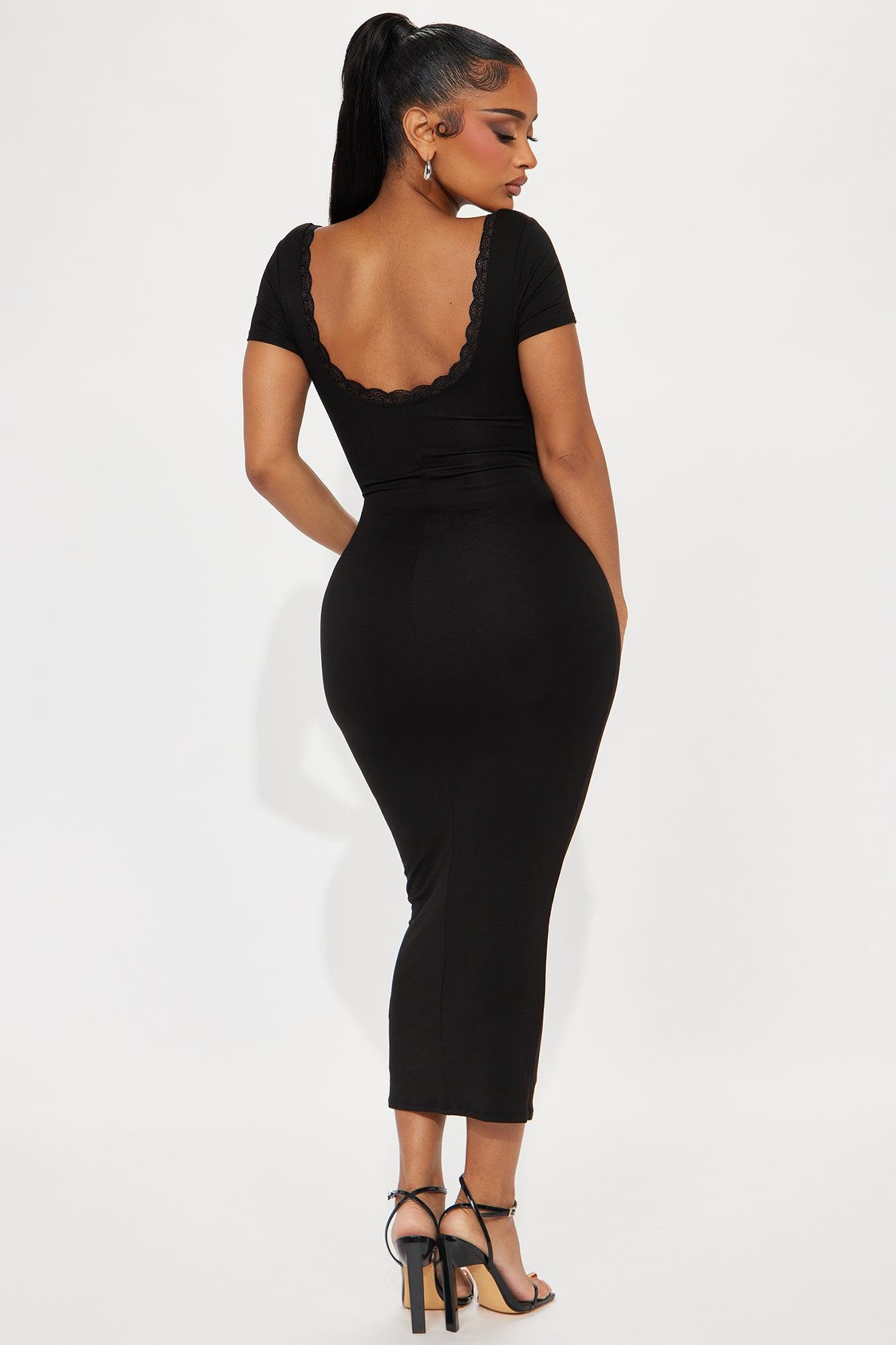 Soft Touch Lace Trim Midi Dress - Black Product Image